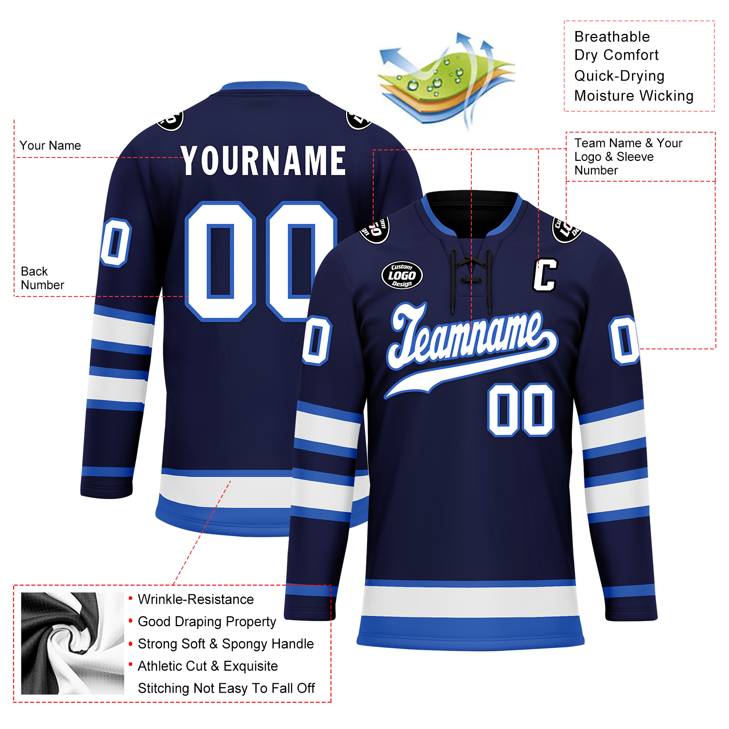 Custom Blue Personalized Hockey Jersey HCKJ01 - Personalized Name & Number - Perfect for Team Uniforms, Gifts & Fan Apparel