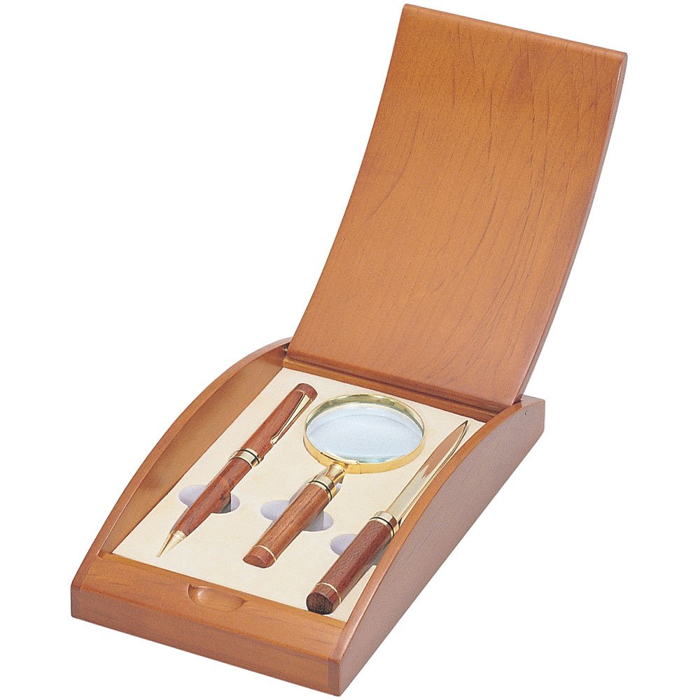 Premium Personalized Rosewood & Brass Pen, Letter Opener & Magnifier Gift Set with Custom Engraving - Executive Office Desk Set for Professionals & Corporate Gifts