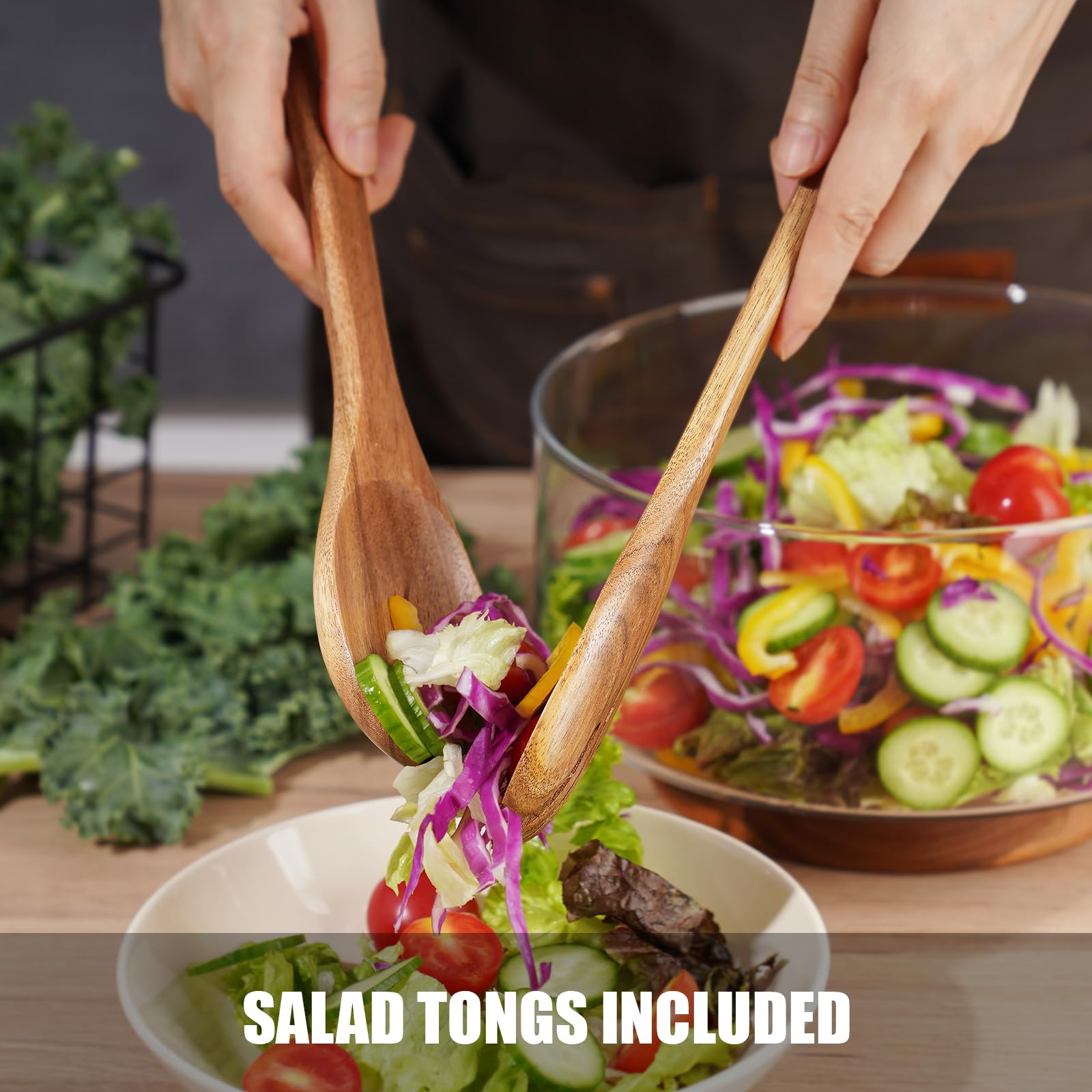 NiHome Large Glass Salad Bowl with Acacia Wood Tongs - 4.5QT Durable Serving Dish for Salads, Fruits, Pasta | Perfect for Family Dinners, Parties & Outdoor Picnics