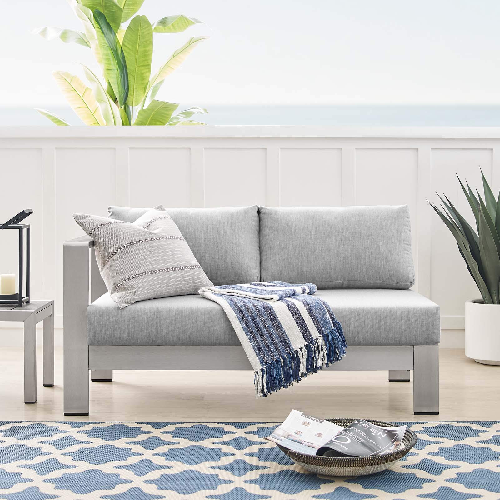Modway Shore Sunbrella® Fabric Aluminum Outdoor Patio Left-Arm Loveseat in Silver Gray - Waterproof & UV Resistant for Poolside, Garden & Backyard Relaxation