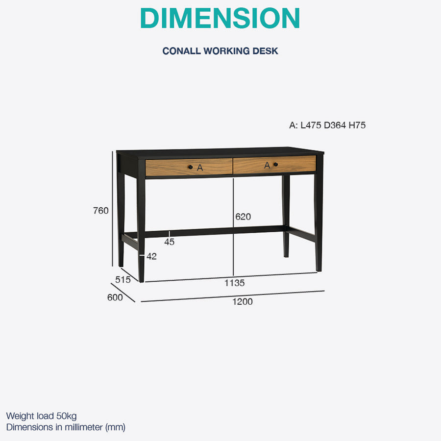 CONALL 47-Inch Study Desk with Storage - Walnut & Black Finish - Perfect for Home Office, Dorm Room, or Small Spaces