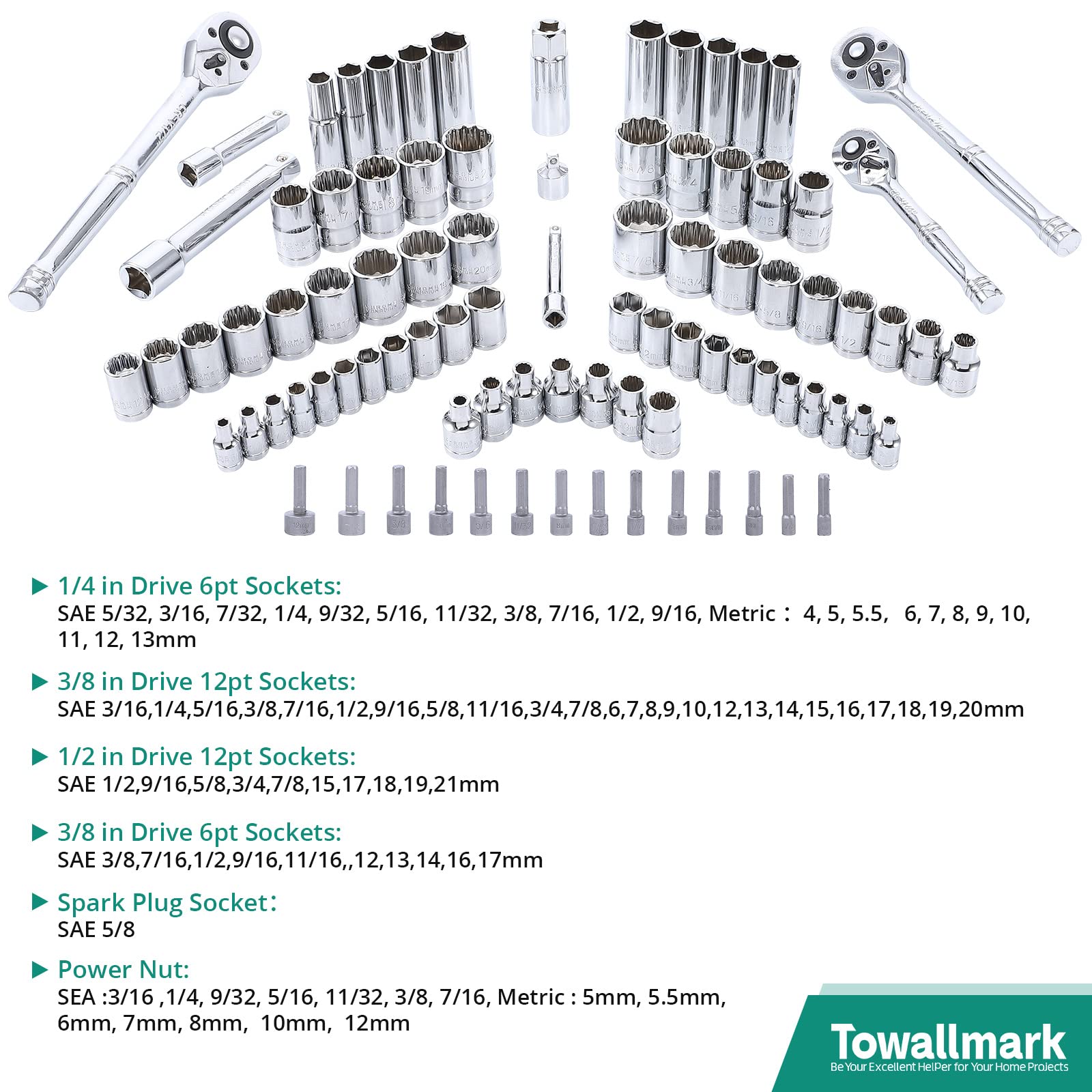 Towallmark 213-Piece Professional Mechanic Tool Set | SAE & Metric Socket Wrench Kit | Cr-V Steel Construction | Home & Auto Repair Tools with Storage Case | Perfect for DIY Projects, Car Maintenance & Household Fixes