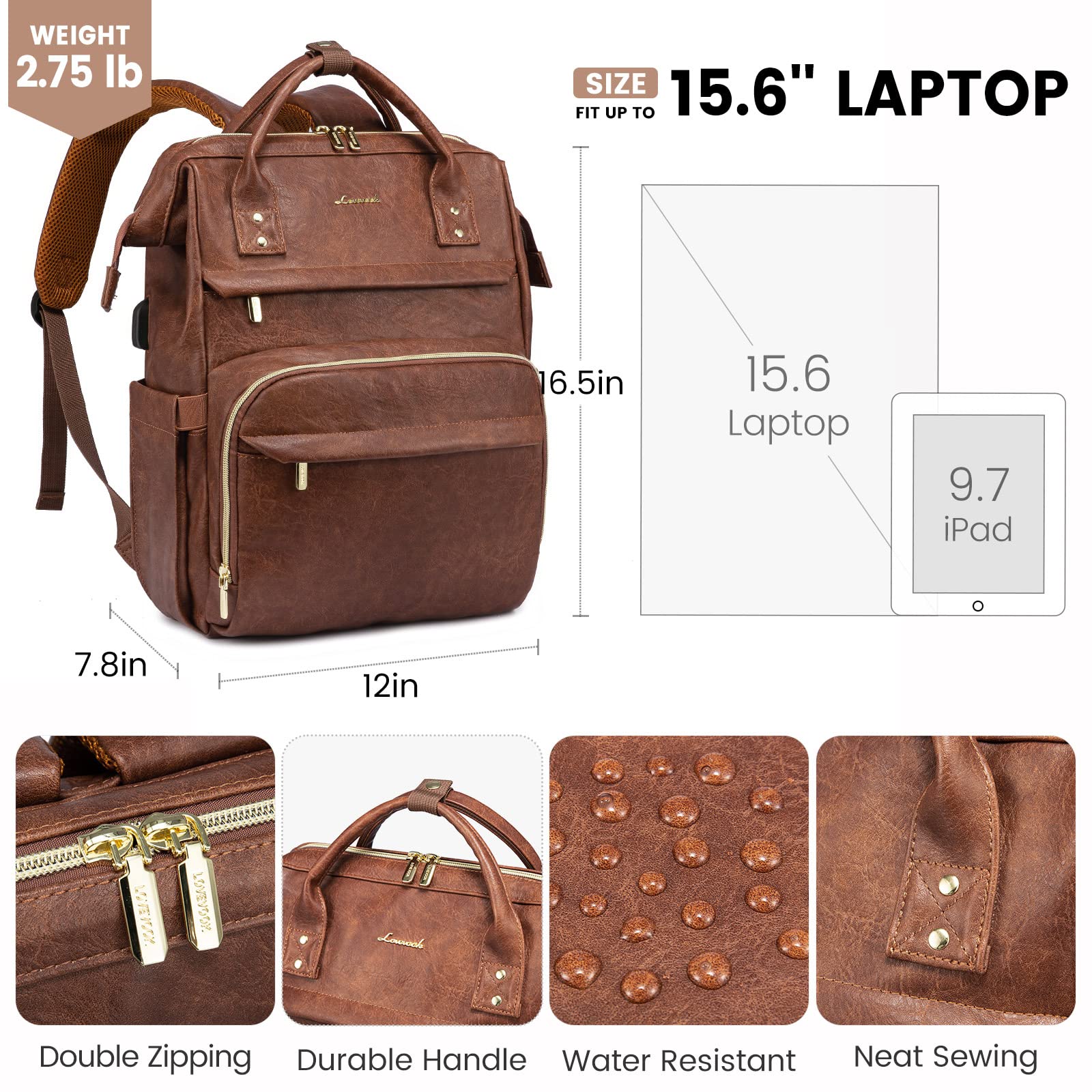 LOVEVOOK Women's Leather Laptop Backpack 15.6 Inch - Professional Business Travel Backpack with USB Charging Port, College Work Bag for Nurse Teacher & Office Use, Red Brown - Perfect for Commuting, Business Trips & Daily Work Essentials