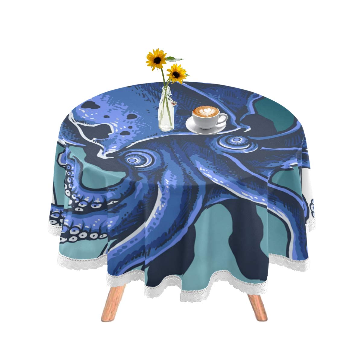 DOMIKING 60 Inch Round Tablecloth - Washable Polyester Giant Squid Design Table Cover for Holiday Dinners, Parties, Restaurants & Home Decor