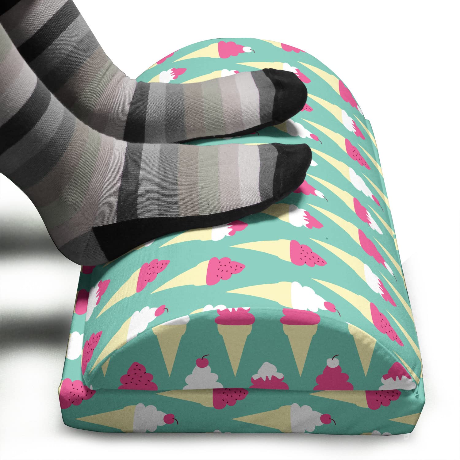 Ambesonne Adjustable Ergonomic Memory Foam Foot Rest - Non-Slip Office Leg Support with Pop Art Ice Cream Cone Design in Cream, White & Pink | Perfect for Home Office, Gaming & Workstation Comfort