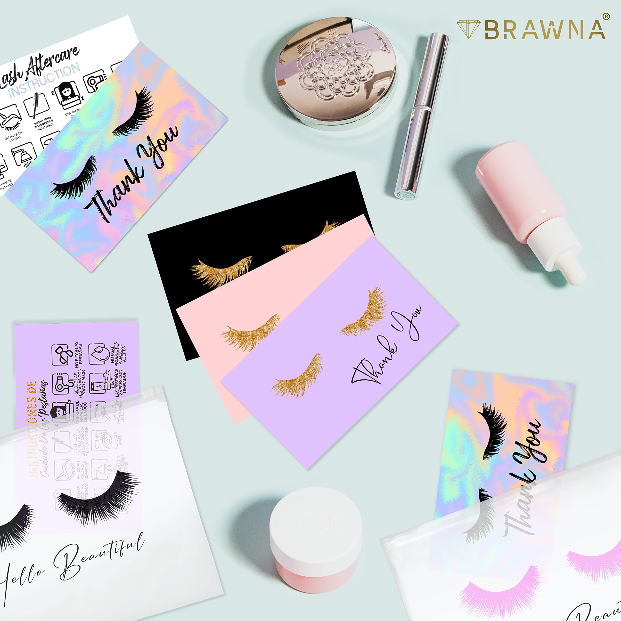 BRAWNA 50-Piece Lash Extension Thank You Cards Set - 3.5x2 Inch Loyalty Cards for Eyelash Extension Clients - Perfect for Lash Salons, Beauty Businesses & Client Appreciation Gifts