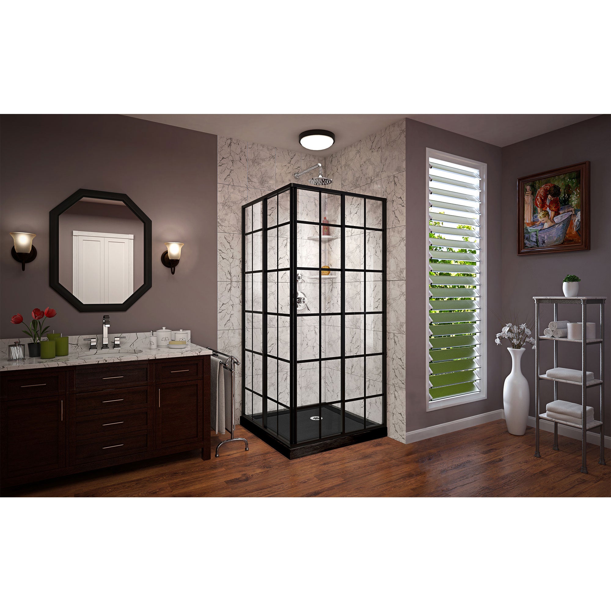 DreamLine French Corner 36x36x74.75 Inch Sliding Shower Enclosure - Satin Black Framed Glass & Corner Drain Black Base Kit for Bathroom Remodeling & Spa-Like Shower Experience