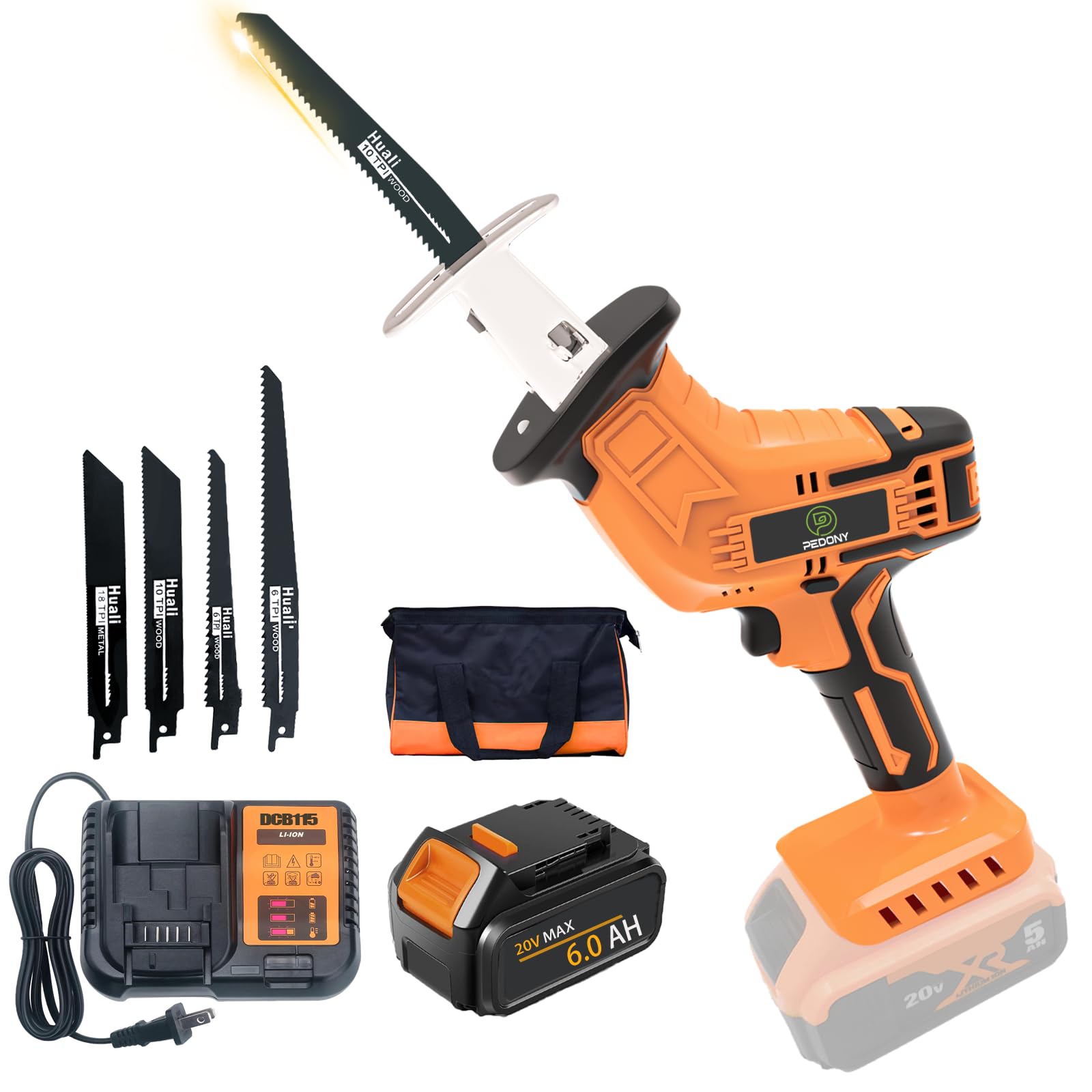 PEDONY 20V Cordless Reciprocating Saw - 3000 SPM Variable Speed, Tool-Free Blade Change, 6.0Ah Battery & 4 Blades for Wood, Metal, PVC Cutting - Perfect for DIY Projects, Construction, and Home Renovation