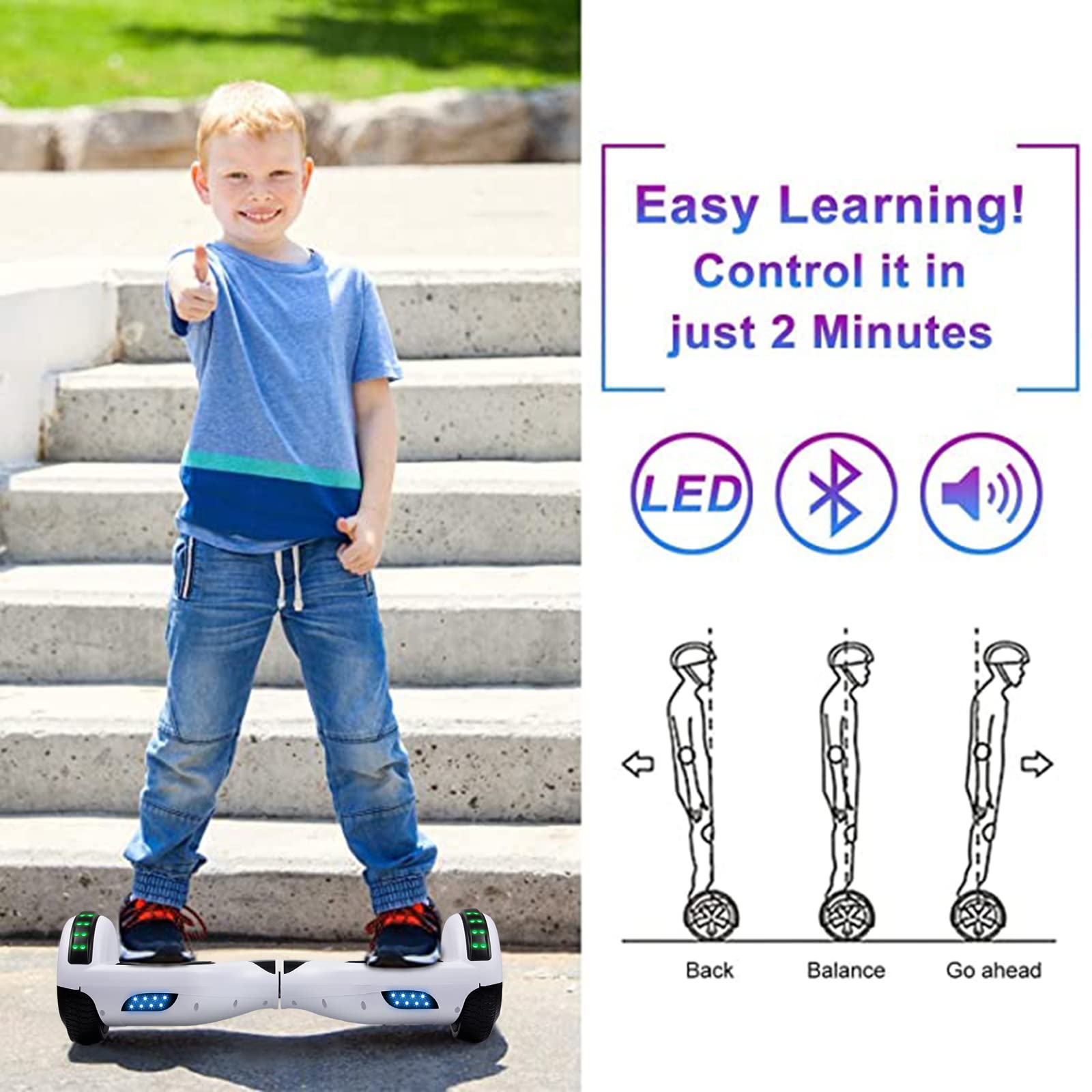 SISIGAD Hoverboard for Kids Ages 6-12 - Bluetooth Speaker & 6.5