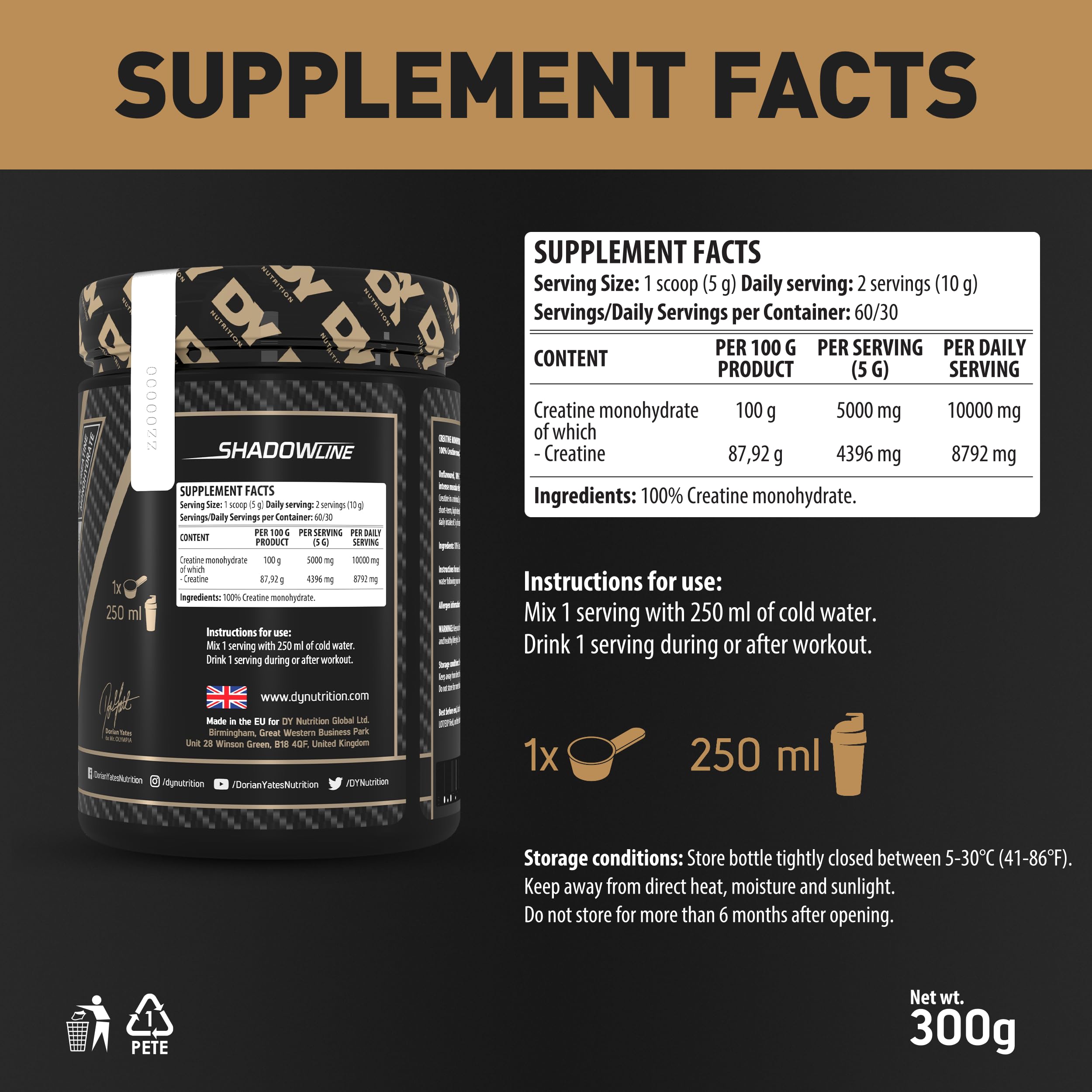 DY Nutrition Creatine Monohydrate Powder 300g - Pure Muscle Builder for Athletes & Bodybuilders - Pre & Post Workout Supplement for Strength & Recovery