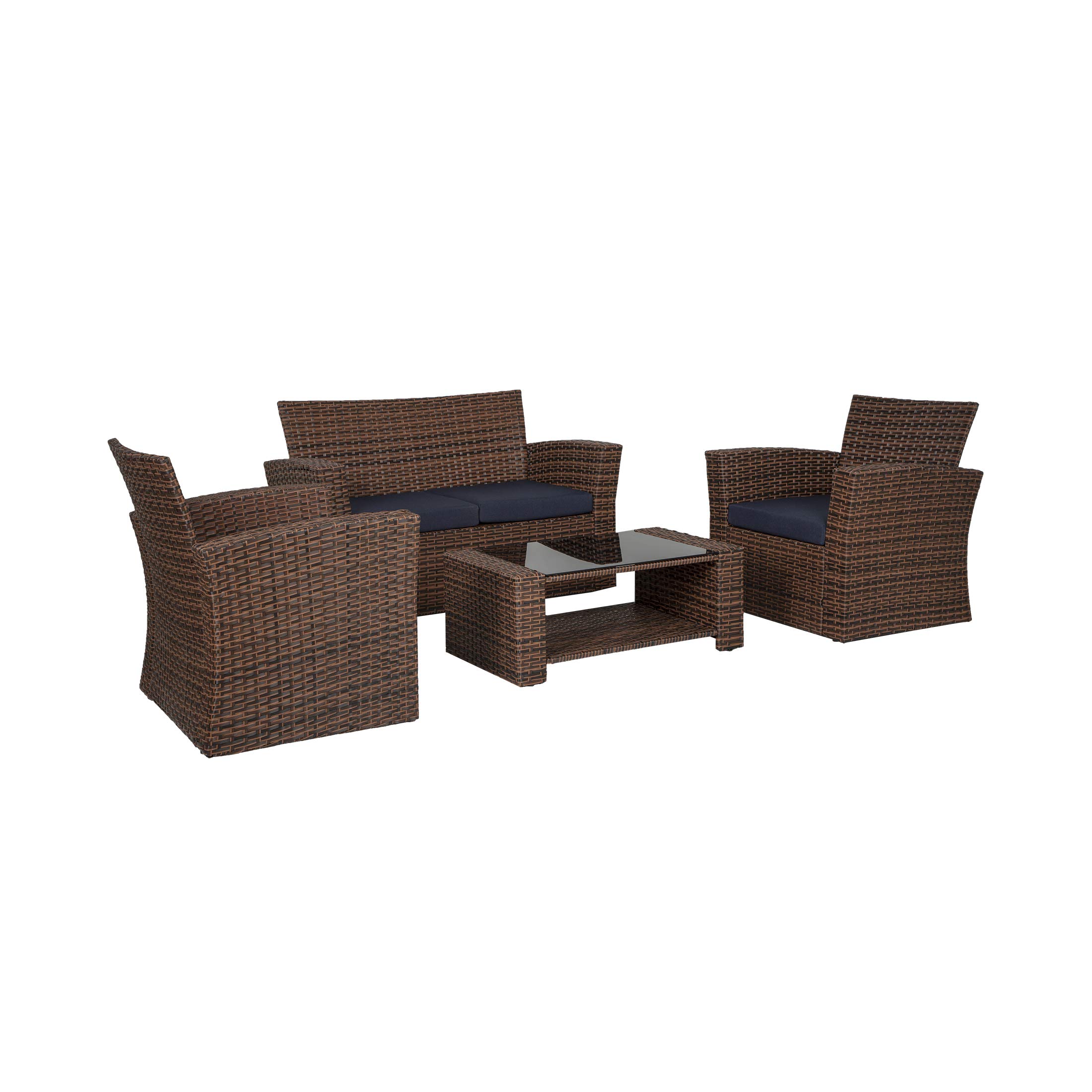 WO Home Furniture 4-Piece Patio Conversation Set - Brown Rattan Wicker Sofa, Chairs & Coffee Table with Navy Blue Pillow Cushions - Outdoor Garden, Backyard, Poolside Lounge Furniture Set for Relaxing & Entertaining