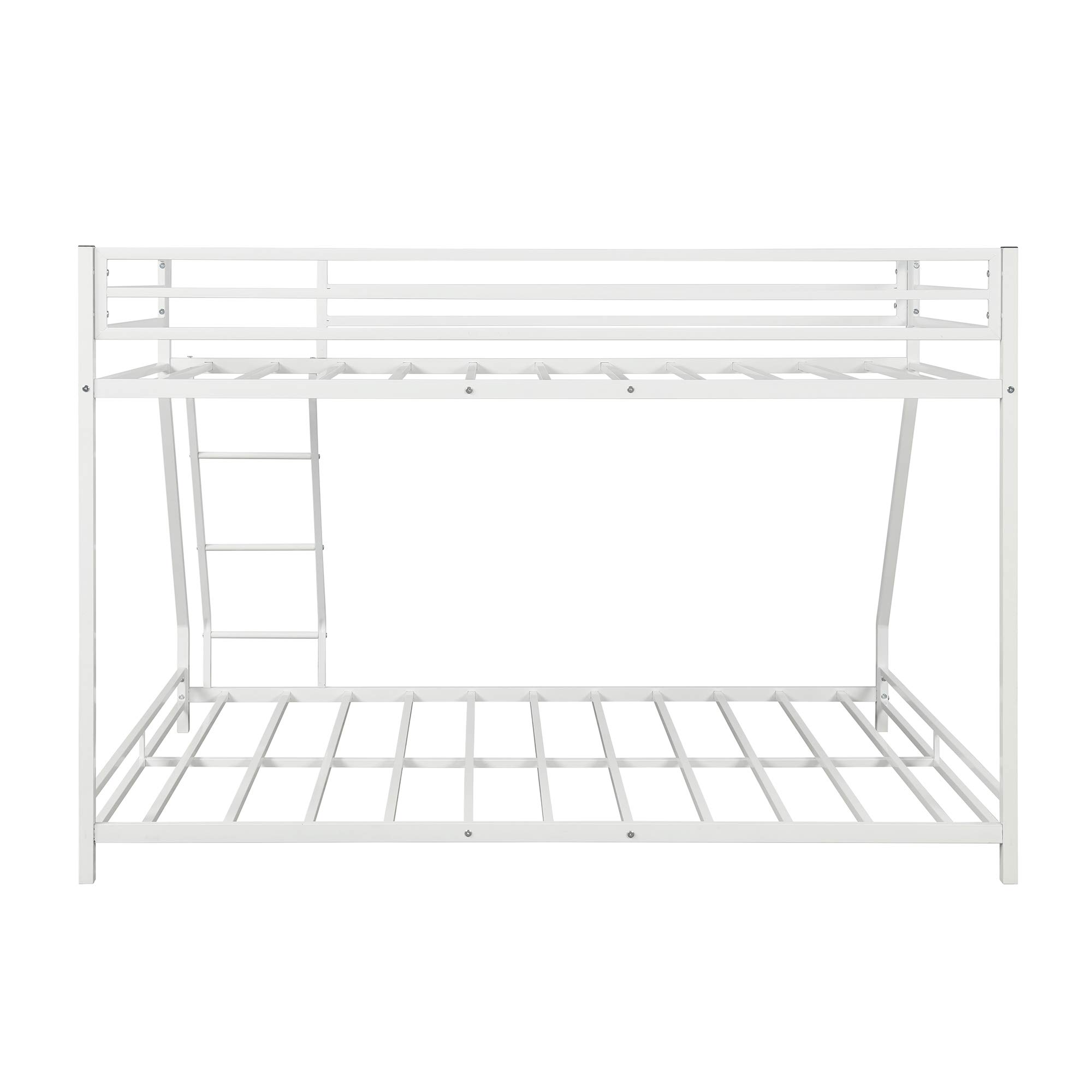 Heavy Duty Metal Low Bunk Bed - Twin Over Full Floor Bunk Bed with Sloping Ladder & Safety Guardrails - Sturdy Bed Frame for Kids Teens Adults - Perfect for Small Rooms, Dorms & Guest Rooms (White)