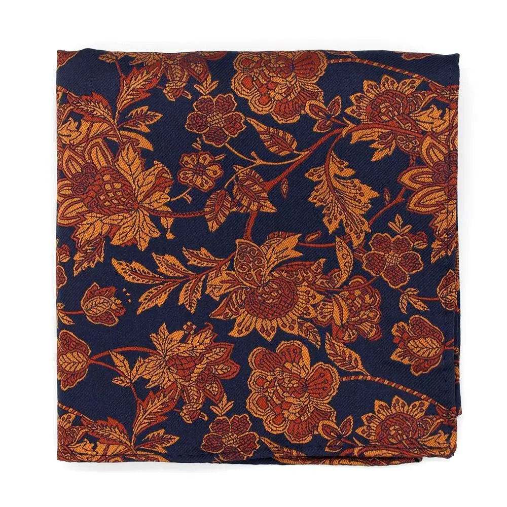 LA Smith Burnt Orange on Navy Bold Floral Silk Tie and Pocket Square Set - Perfect for Weddings, Business Meetings & Formal Events
