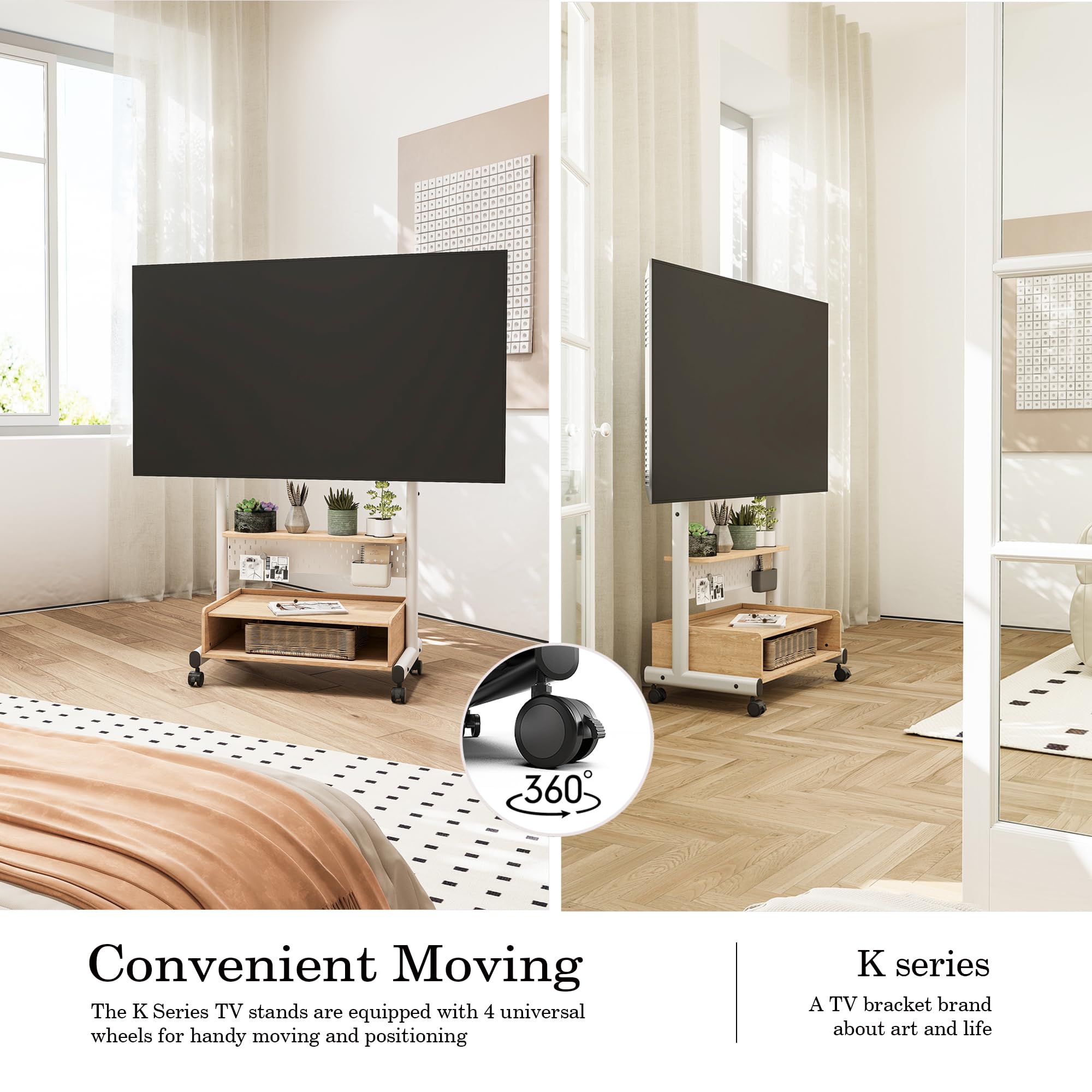 FITUEYES Heavy Duty Rolling TV Stand for 40-85 Inch Flat/Curved Screens - Mobile Corner TV Cart with Mount & Wood Storage Shelf - Holds Up to 132 lbs - Perfect for Living Room, Bedroom, or Office