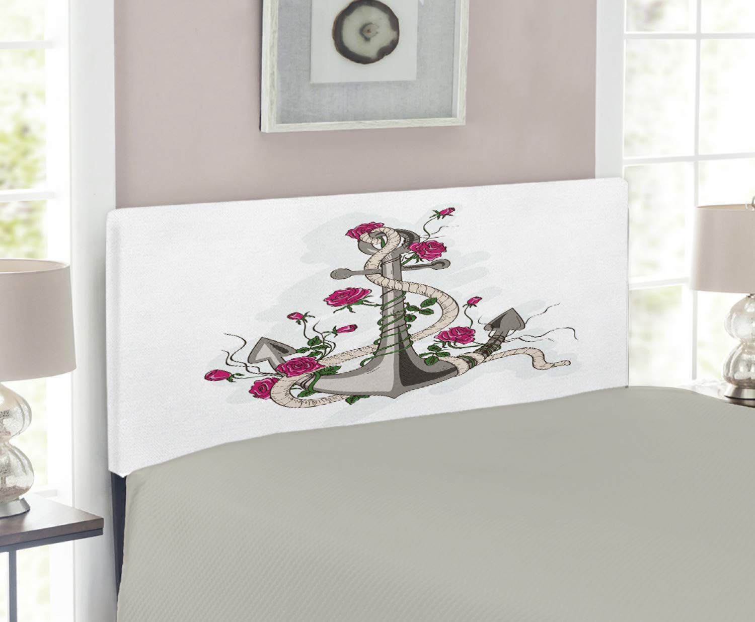 Ambesonne Rose Headboard - Hand Drawn Floral & Marine Anchor Design, Upholstered Metal Bed Headboard with Memory Foam, Twin Size, Hot Pink Green Taupe - Perfect for Coastal & Bohemian Bedroom Decor