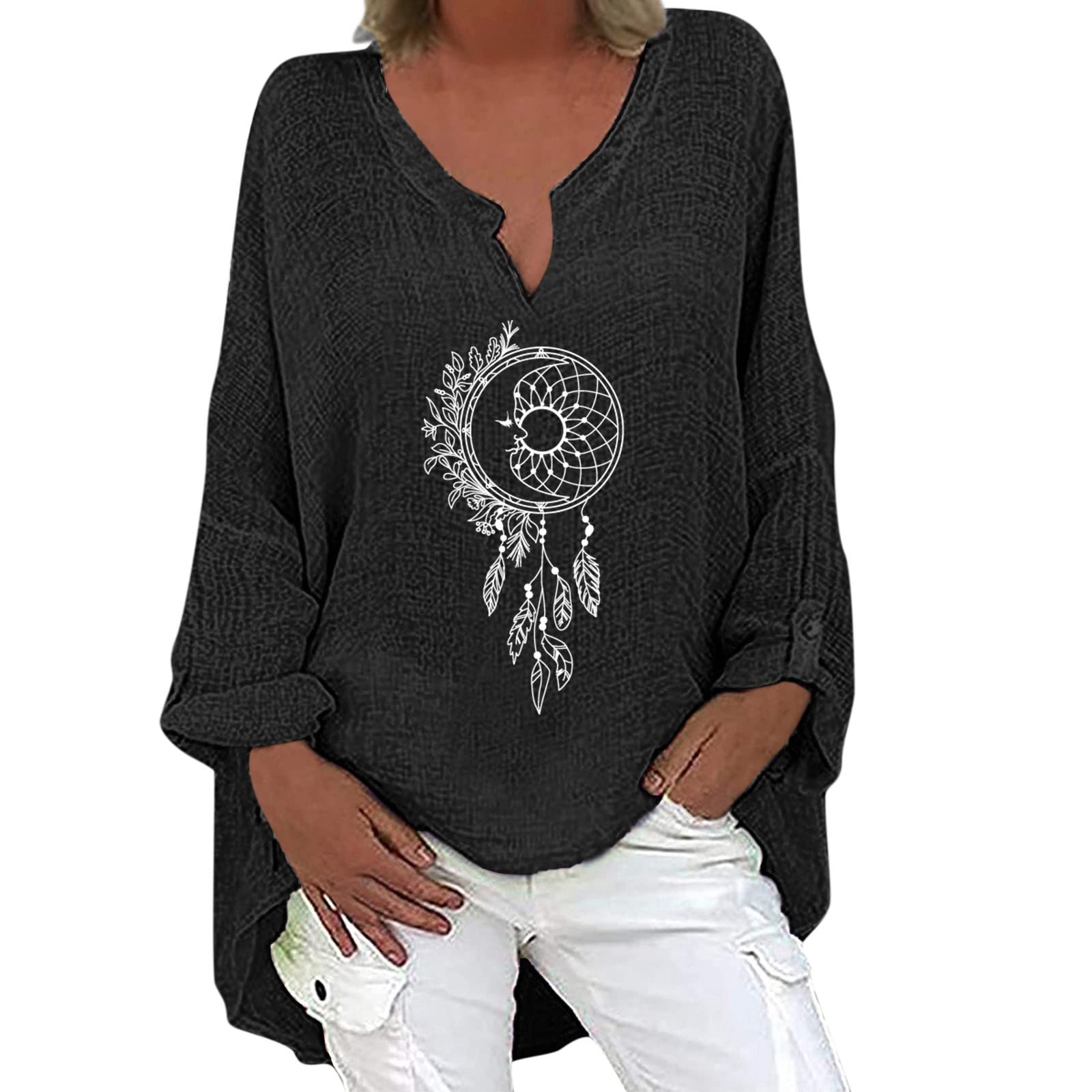 Women's Linen Blouses - 3/4 Sleeve V-Neck Casual Button Down Shirt in Solid Colors | Breathable Chiffon Top for Office, Summer & Beach Wear