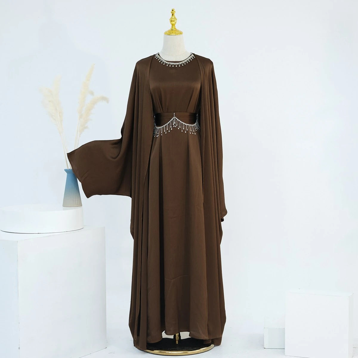 Wrinkle-Free Satin 2-Piece Open Abaya Dress Set #24806 - Elegant Muslim Prayer Dress for Women, Perfect for Special Occasions & Daily Wear