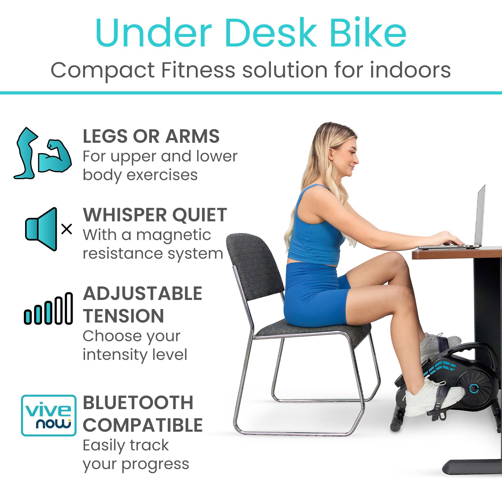 Vive Under Desk Bike - Magnetic Pedal Exerciser for Home & Office - Quiet Stationary Cycling Bike for Seated Arm & Leg Exercise - Perfect for Work from Home, Office Workouts & Physical Therapy