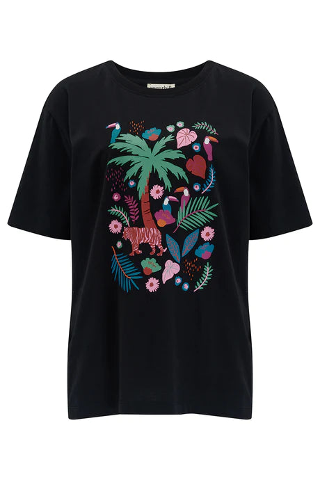 Kinsley Relaxed T-Shirt for Women - Soft Cotton Casual Tee with Tigers & Toucans Print (Black) - Perfect for Everyday Wear, Weekend Outings & Summer Vacation