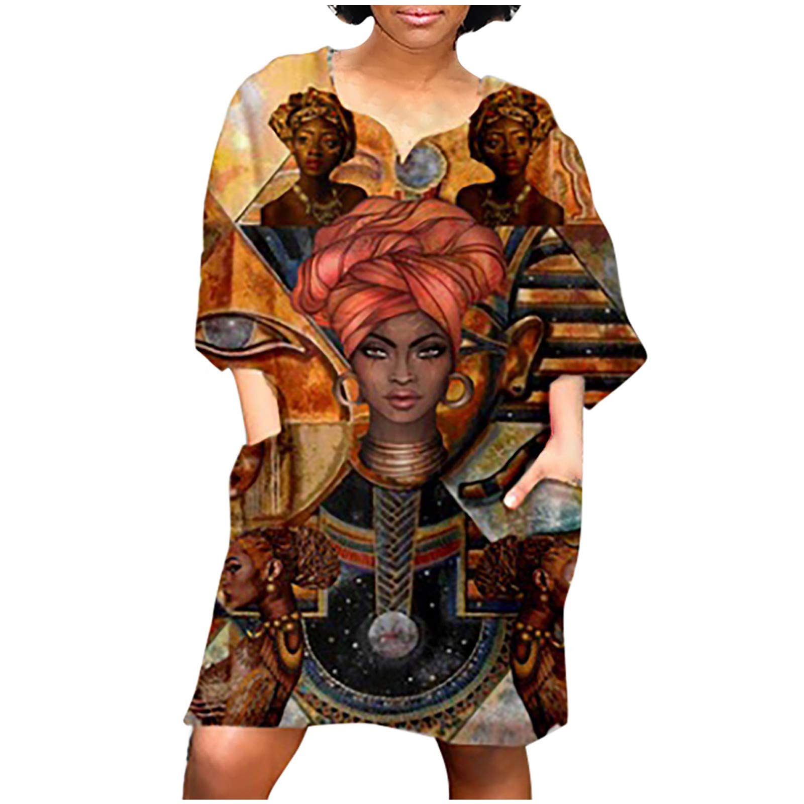 Vintage African Print Dress for Women - V Neck Loose Fit Casual Mini Dress with Colorful Ethnic Patterns & Half Sleeves | Perfect for Summer, Beach, Parties and Cultural Events