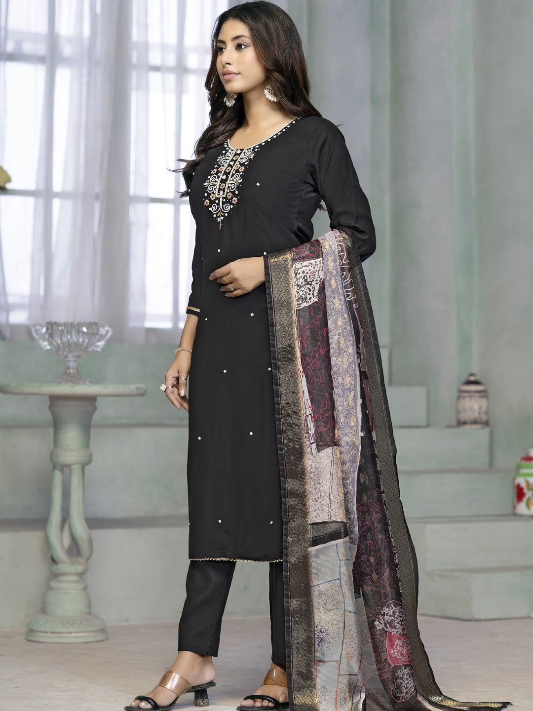 Elegant Black Designer Ready-Made Pant Suit with Printed Embroidery Work - Formal Office Wear & Special Occasion Outfit for Women