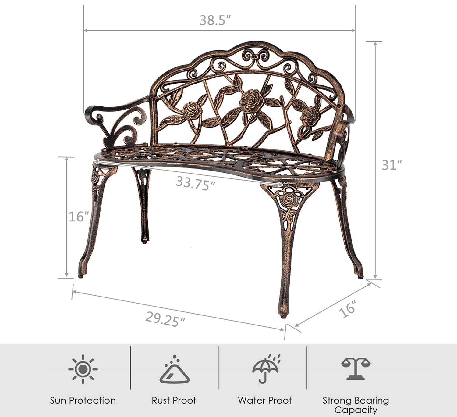 JOYBASE Outdoor Metal Patio Bench - Durable Cast Iron & Aluminum Garden Bench for Porch, Backyard & Lawn - Weather-Resistant Bronze Finish for Long-Lasting Use