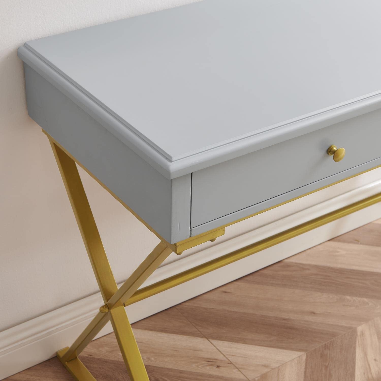 Linon Campaign 2-Drawer Writing Desk in Grey - Compact Home Office Furniture for Small Spaces, Study & Workstation Use