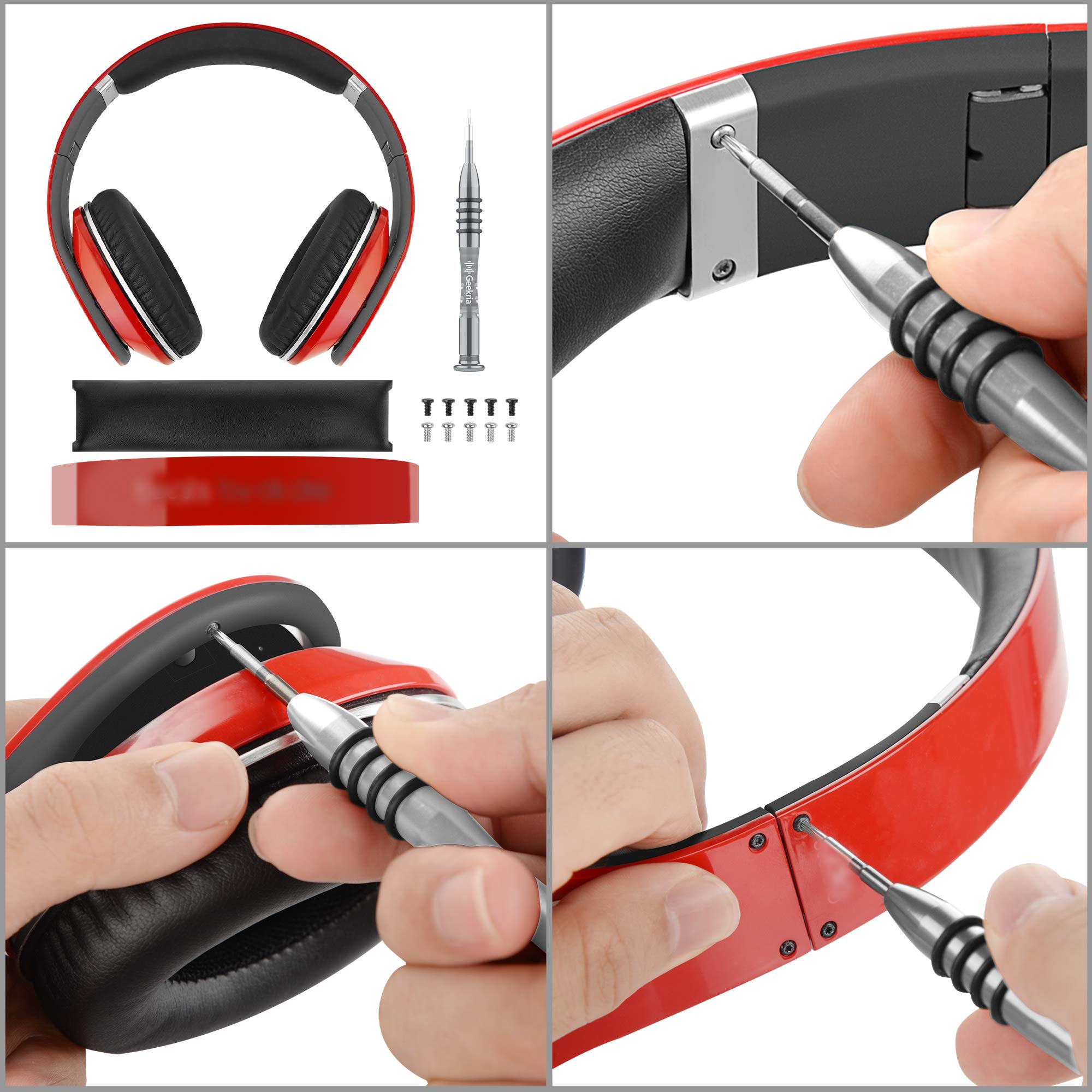Geekria Replacement Headband & Screwdriver Tool Kit for Beats Studio3 Wireless, Studio2, Studio 1.0 Headphones - 10 Pcs Repair Screws Included (Red) - Perfect for DIY Headphone Repair & Maintenance at Home or Studio