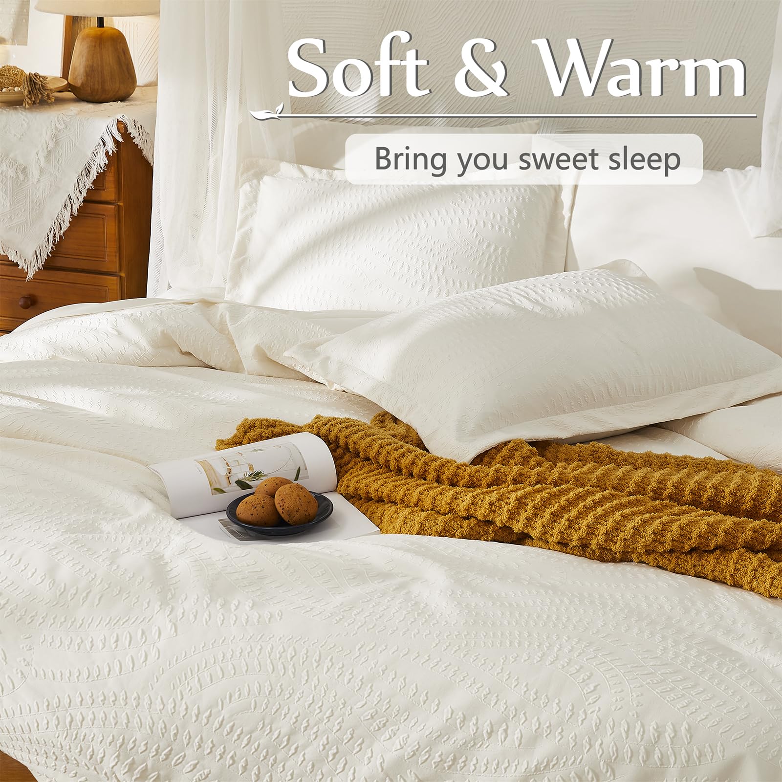 Geniospin Queen Comforter Set 7-Piece All Season Bedding - Ivory White Botanical Print Seersucker Duvet Cover, Sheets, Pillowcases & Shams (90x90 Inches) for Cozy Bedroom Decor & Guest Room Essentials