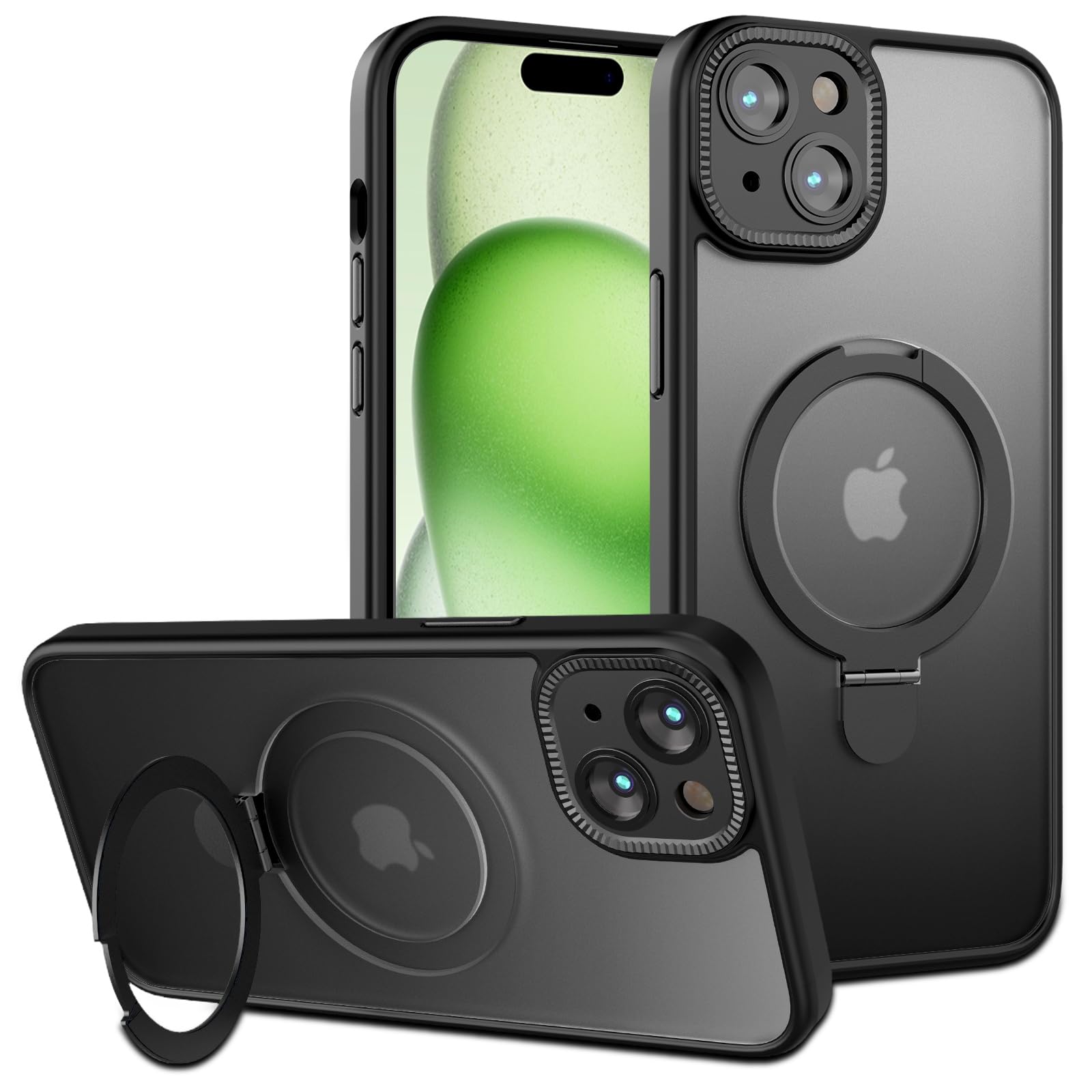 MYBAT PRO Shade Series iPhone 15 Plus Case with MagSafe - Magnetic Ring Stand & Camera Cover | Translucent Matte Hard Back, Anti-Fingerprint, Anti-Scratch & Drop Protection (Black) | Perfect for Work, Travel & Everyday Use