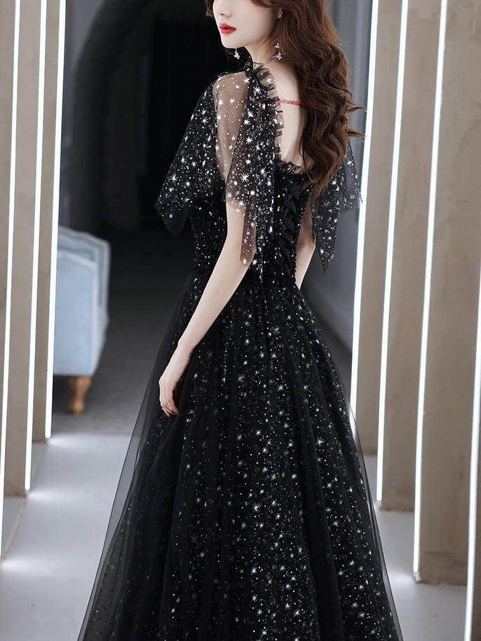 Elegant Black Tulle Off Shoulder Long Prom Dress for Evening Gowns & Formal Events - Perfect for Homecoming, Weddings & Special Occasions