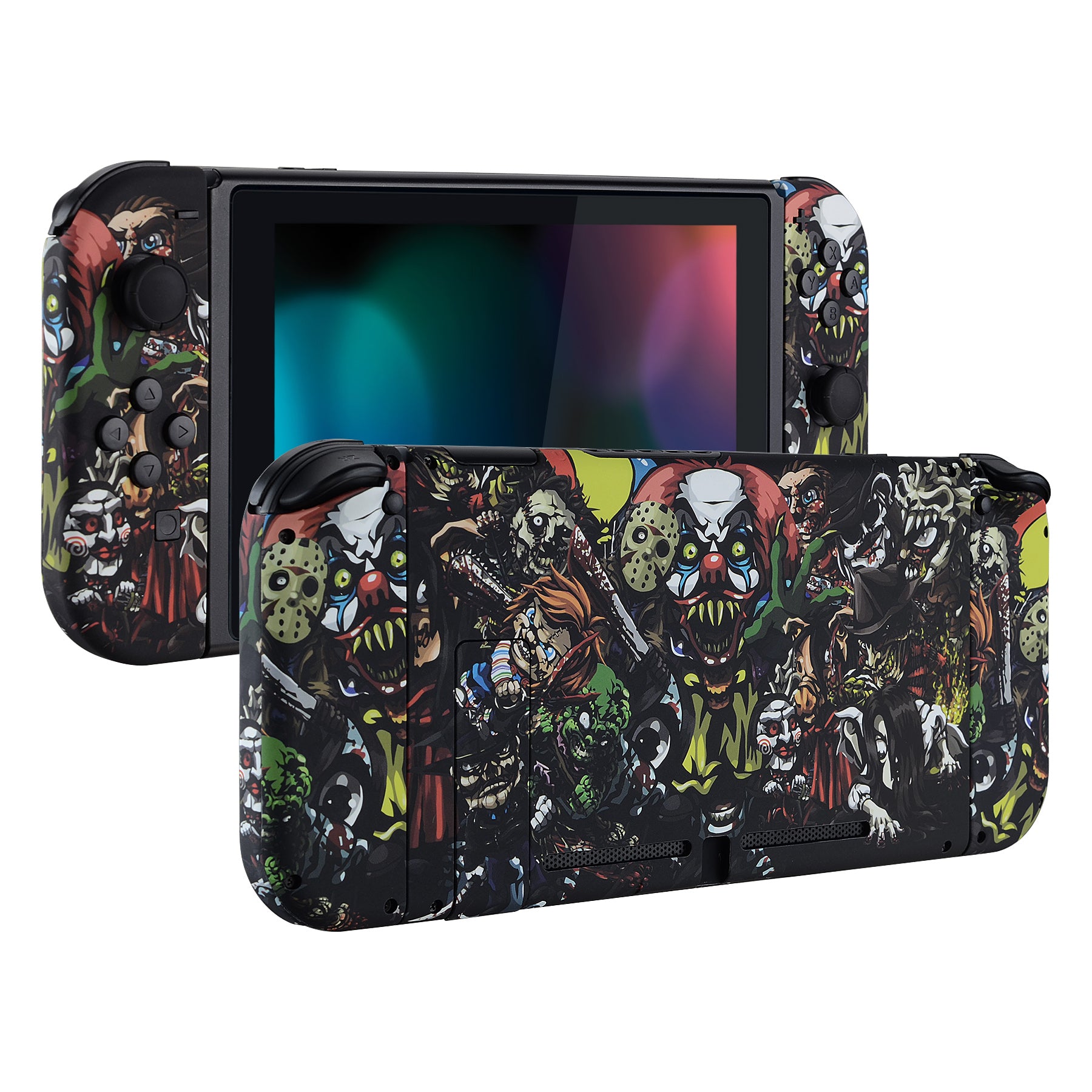 eXtremeRate Soft Touch Scary Party Pattern Joycon Controller Shell with Full Button Set - DIY Replacement Back Plate for Nintendo Switch - Perfect for Halloween Gaming & Custom Console Mods