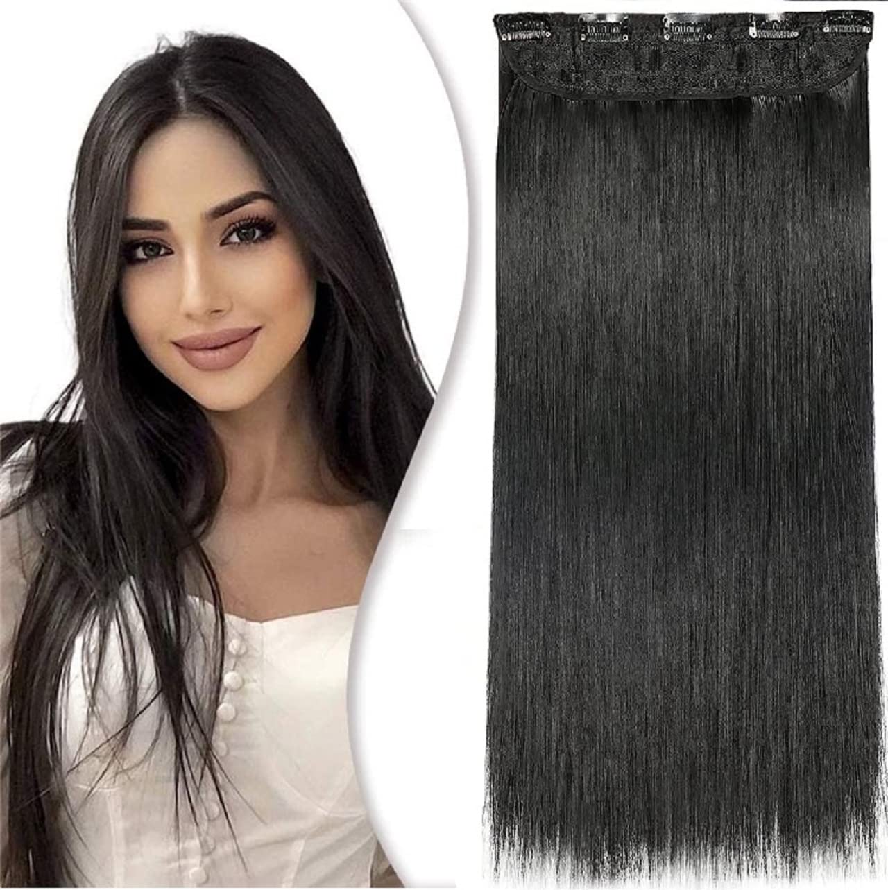 MoonEyes 24 Inch Natural Black Straight Hair Extensions - High Temperature Synthetic Fiber Clip-in Hair Piece (5 Clips) for Length & Volume Boost | Perfect for Daily Styling, Parties & Special Occasions