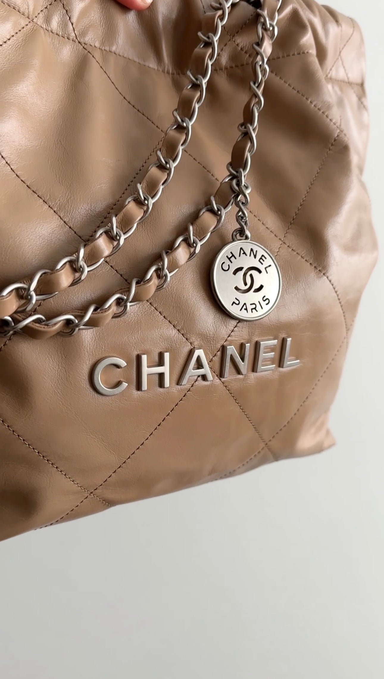 Chanel 22 Beige Glossy Leather Medium Chain Shoulder Bag - Luxury Designer Handbag for Women, Perfect for Date Night & Special Occasions