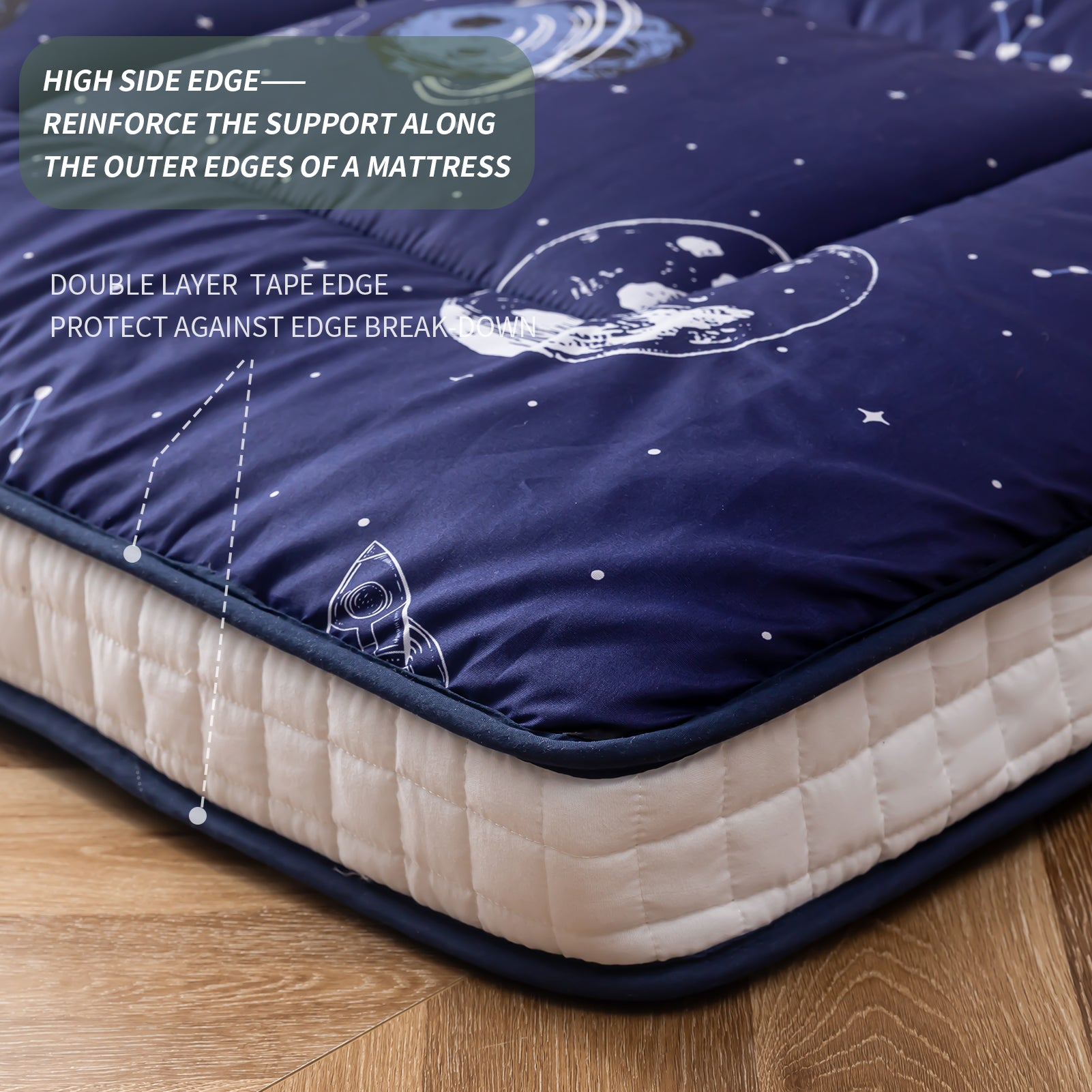 MAXYOYO Padded Japanese Floor Mattress - Navy Space Adventure Design | Foldable Futon for Bedroom, Guest Room & Camping | Comfortable Floor Sleeping Mat for Adults & Kids