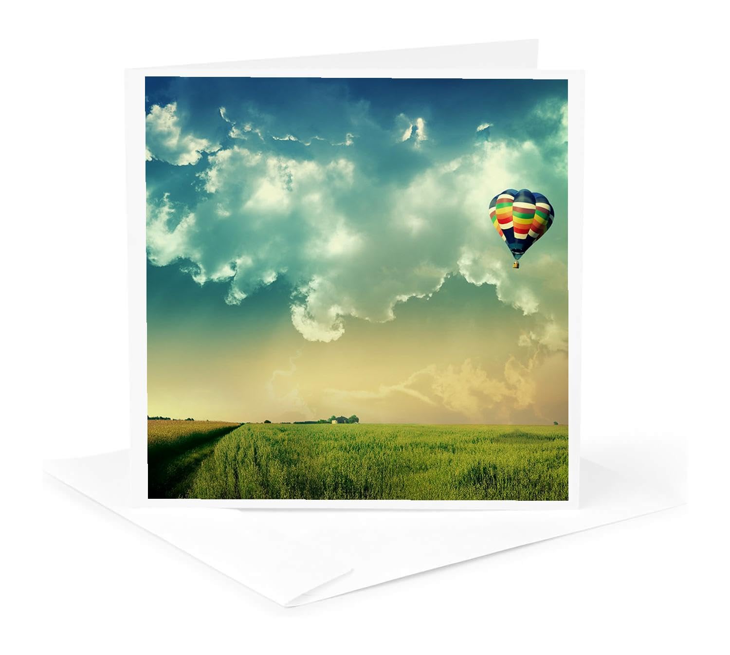 Hot Air Balloon Greeting Card - Blue Sky & Green Grass Scenic Design - Perfect for Birthdays, Anniversaries & Special Occasions - Anne Collections
