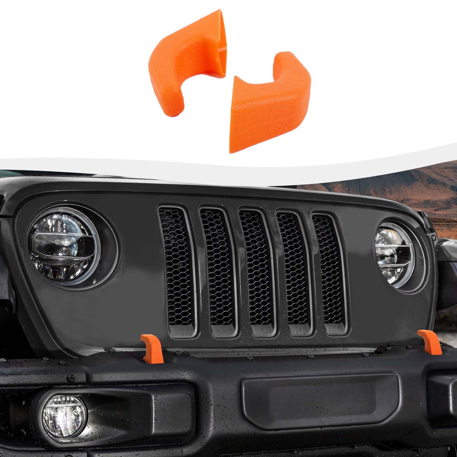 2Pcs Orange Bumper Tow Hook Covers for 2007-2018 Jeep Wrangler JK JKU & 2018-2025 JL JLU/Gladiator JT - Durable Exterior Accessories for Off-Road Protection & Custom Styling