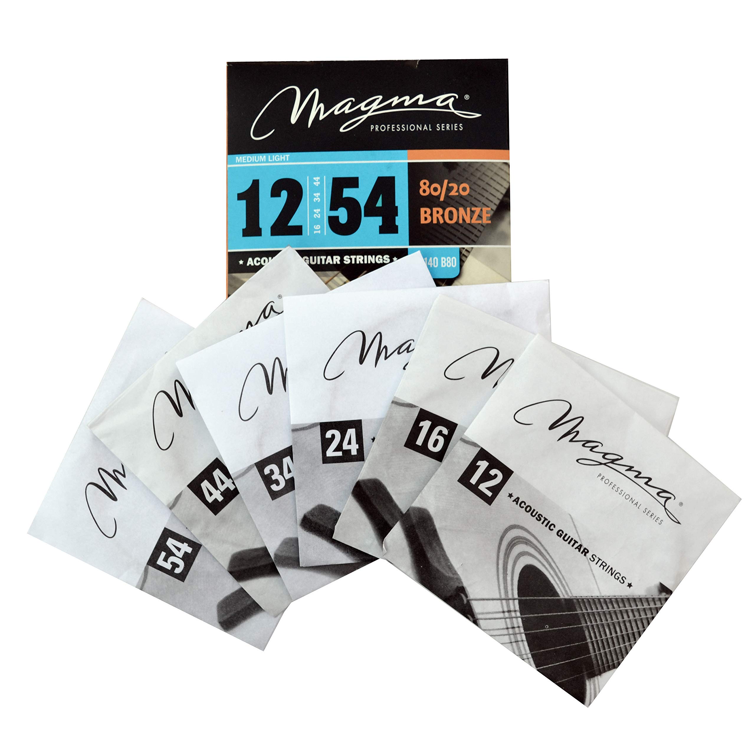 Magma Acoustic Guitar Strings Medium Light Gauge 80/20 Bronze Set .012-.054 (GA140B80) - Perfect for Folk, Country & Fingerstyle Playing