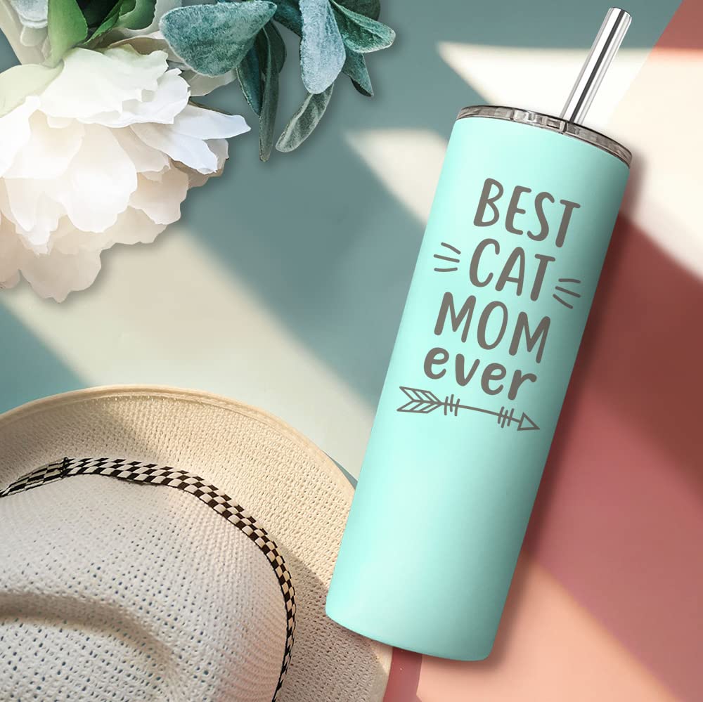 20Oz Cat Lover Wine Tumbler with Straw & Keychain - Best Cat Mom Ever Gift for Women, Christmas, Birthday & Mother's Day - Insulated Travel Cup for Cat Themed Lovers (Green) - Perfect for Coffee, Wine & Outdoor Adventures