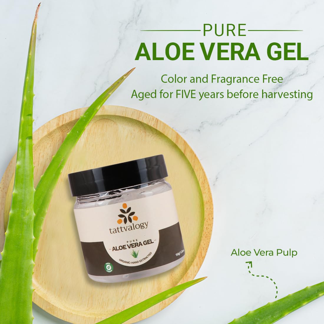Tattvalogy Aloe Vera Gel 150g or 200ml - Natural Organic Aloe Vera for Fine Lines, Wrinkles, Acne & Skin Irritation - Hydrating & Soothing Face & Body Moisturizer - Hand Extracted Aloe Pulp - Perfect for Sunburn Relief, After Shave & Daily Skincare Routine