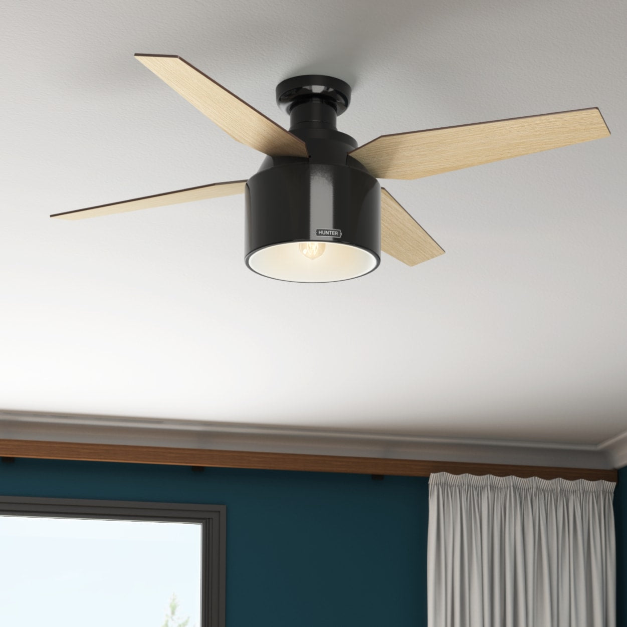 Hunter 52 Inch Cranbrook Low Profile Ceiling Fan with Light Kit - Gloss Black Finish - Energy Efficient Quiet DC Motor - Perfect for Bedroom, Living Room & Indoor Spaces