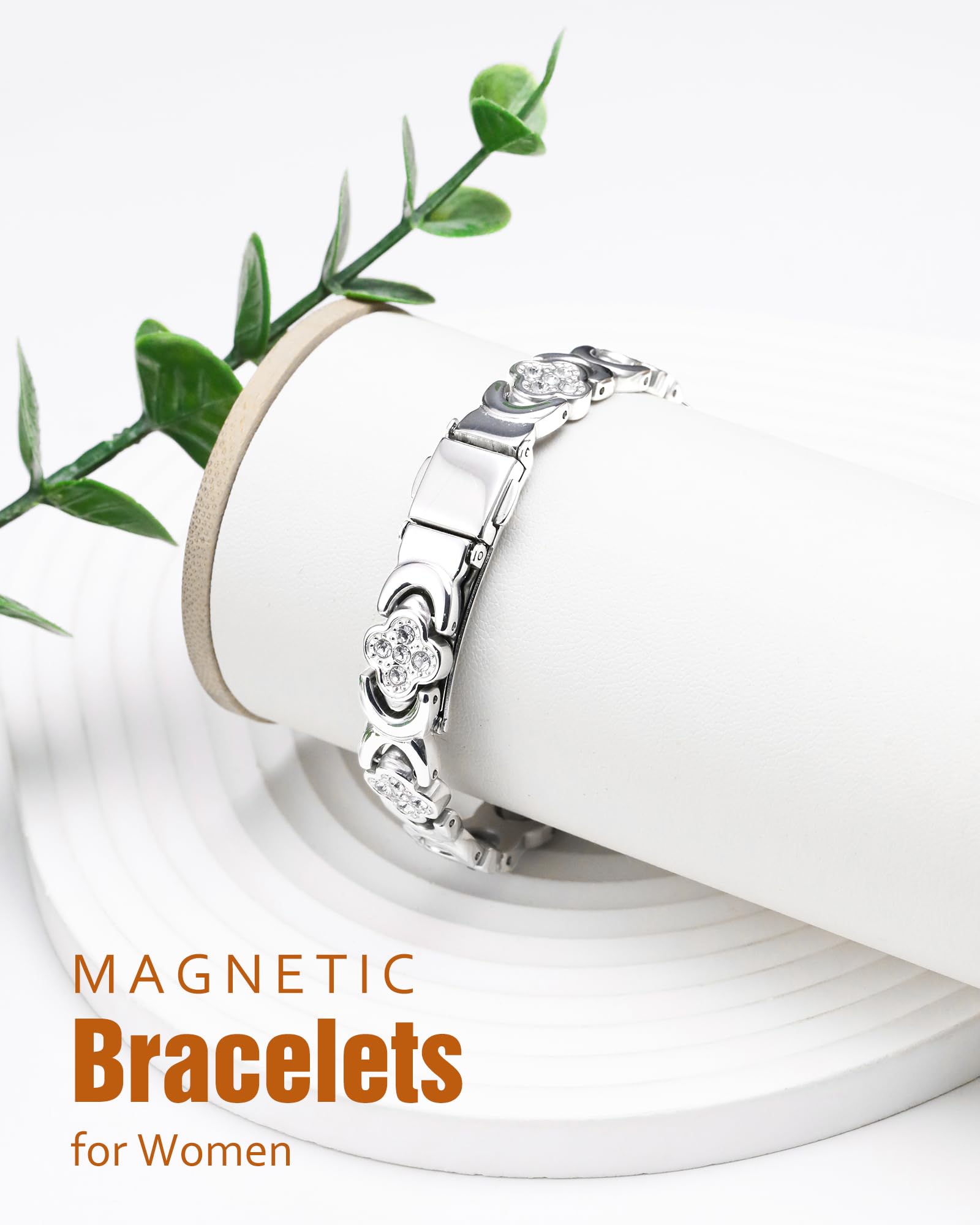 Jecanori Copper Magnetic Bracelet for Women - 3500 Gauss Magnets for Pain Relief & Healing, Four-Leaf Clover Design (Silver) - Perfect for Arthritis, Joint Pain & Wellness Therapy