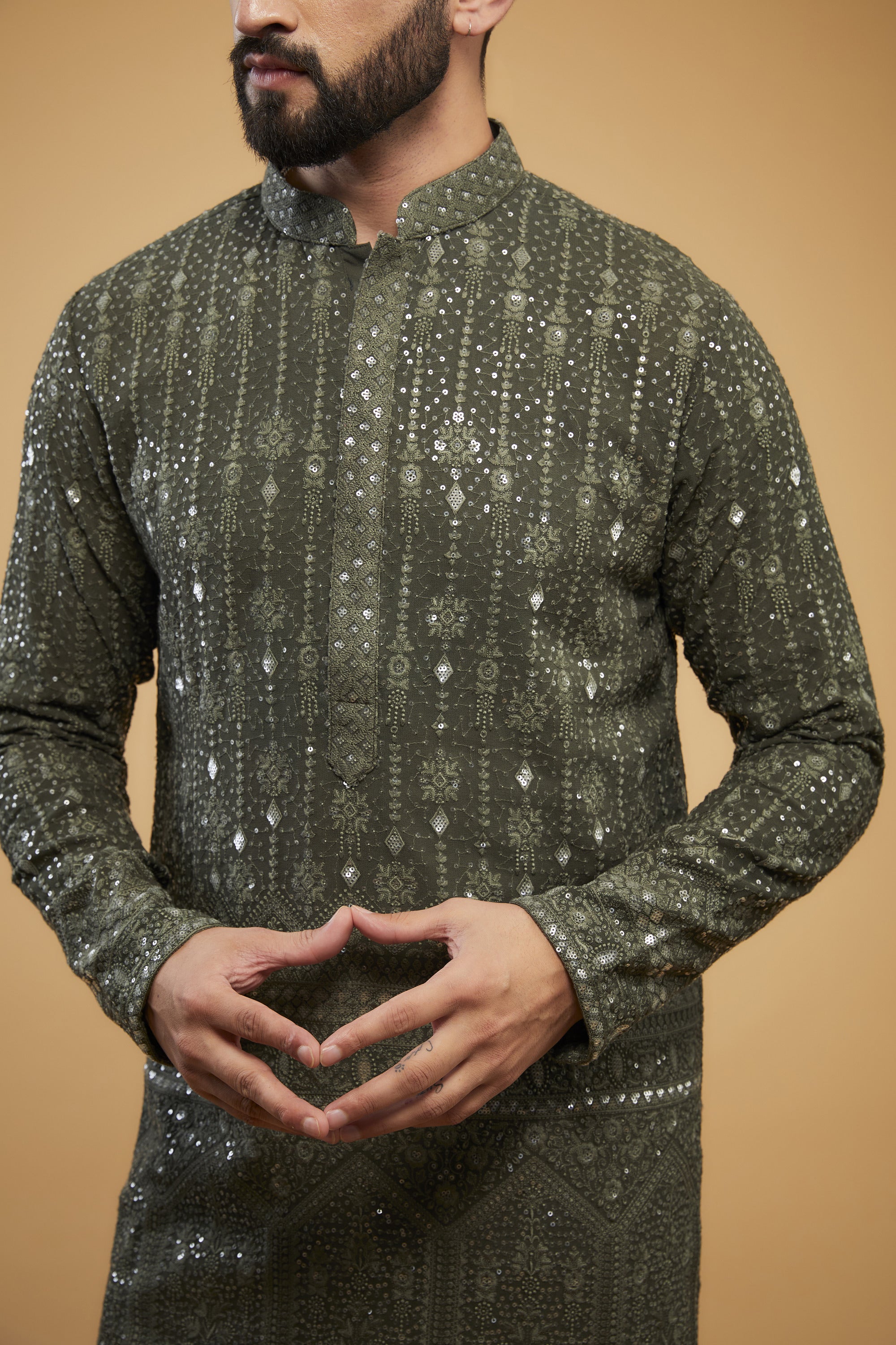 Military Green Sequined Kurta with Detailed Embroidered Border - Elegant Ethnic Wear for Parties, Weddings & Festive Occasions