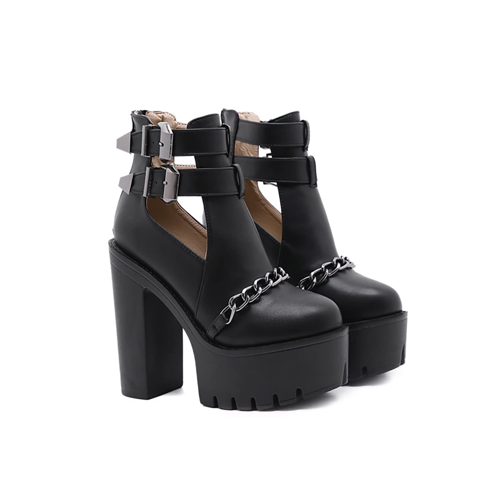 FFH Women's Chunky Heel Platform Pumps - Office Work Shoes with Chain Detail - Black Size 42 - Comfortable Dress Shoes for Business, Party & Night Out