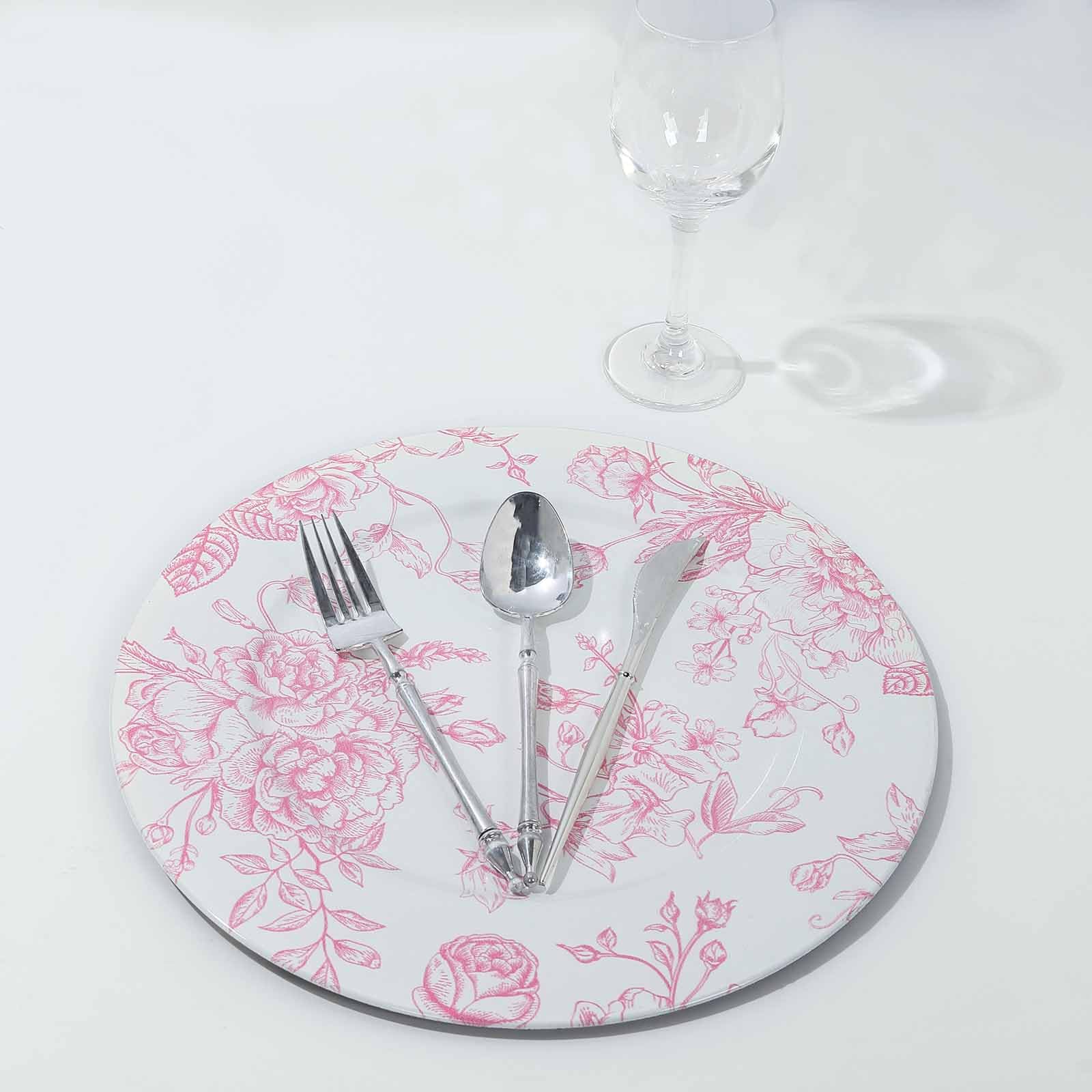 Efavormart 6-Pack White & Pink Floral Acrylic Charger Plates - French Toile Pattern Round Dinner Plates for Weddings, Parties & Events (13 Inch) - Elegant Table Decor for Dining & Special Occasions