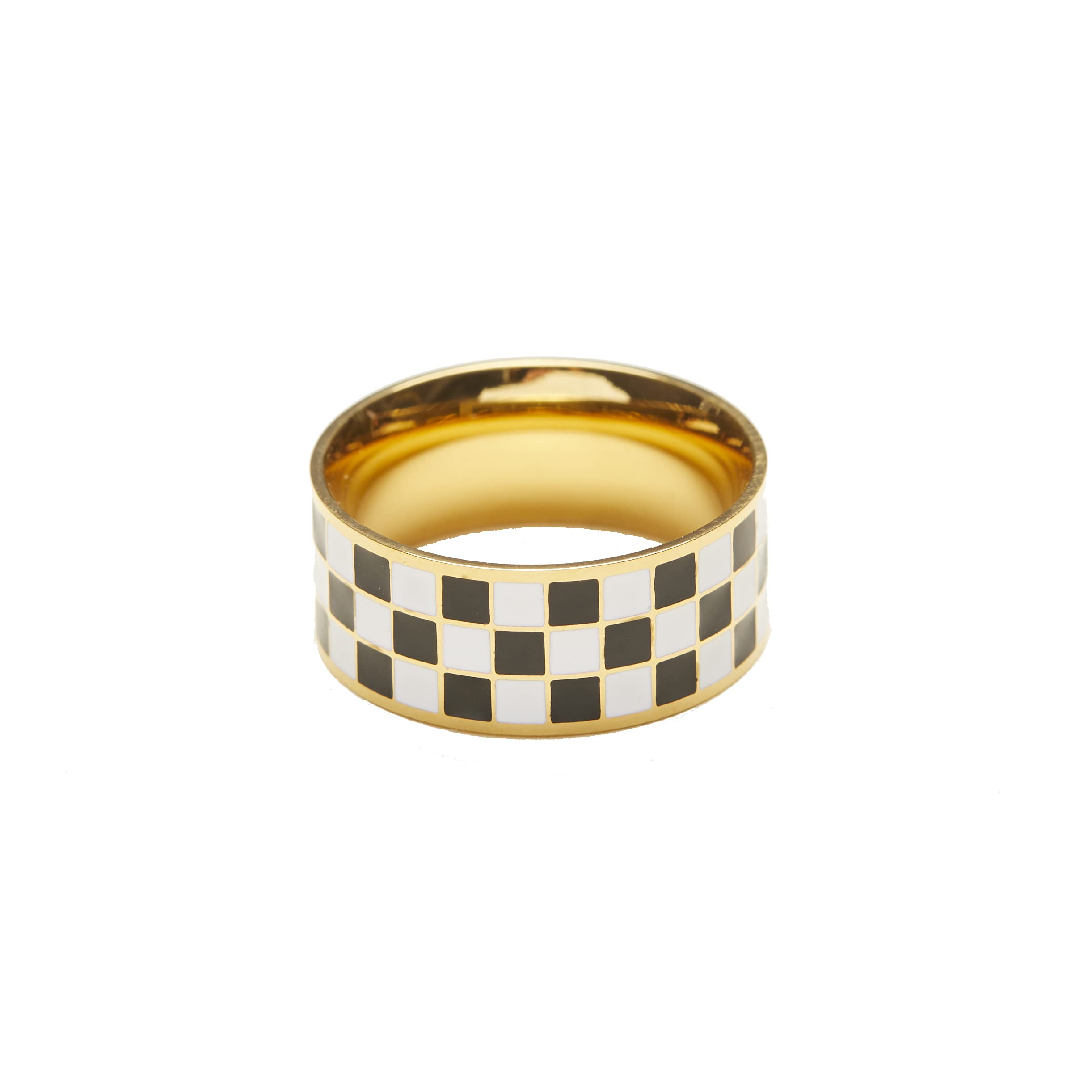 18K Gold Plated Titanium Checker Band Ring - Vintage Checkered Design, Tarnish-Free, Stackable Fashion Jewelry for Women | Perfect for Everyday Wear, Gift Giving & Layering with Other Rings