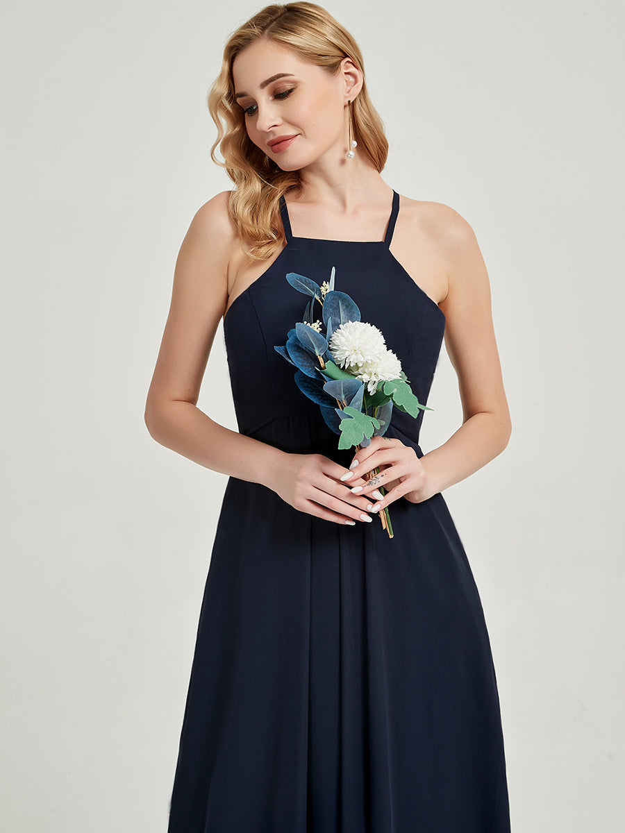 Elegant Dark Navy Halter Sleeveless Empire Waist Pleated Backless Chiffon Bridesmaid Dress for Wedding Party, Formal Occasions & Special Events