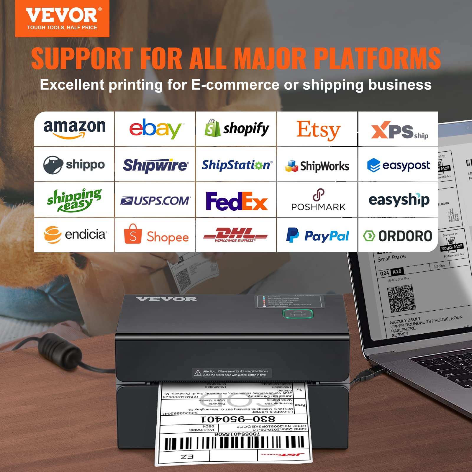 VEVOR 4x6 HD 300DPI Thermal Label Printer for Shipping & Barcodes - Auto Label Detection, USB & Wireless, Works with Windows/Mac/Linux/Chromebook - Perfect for Amazon FBA, eBay, Shopify, Etsy, USPS, UPS, FedEx - Home Office & Small Business Packaging Solution