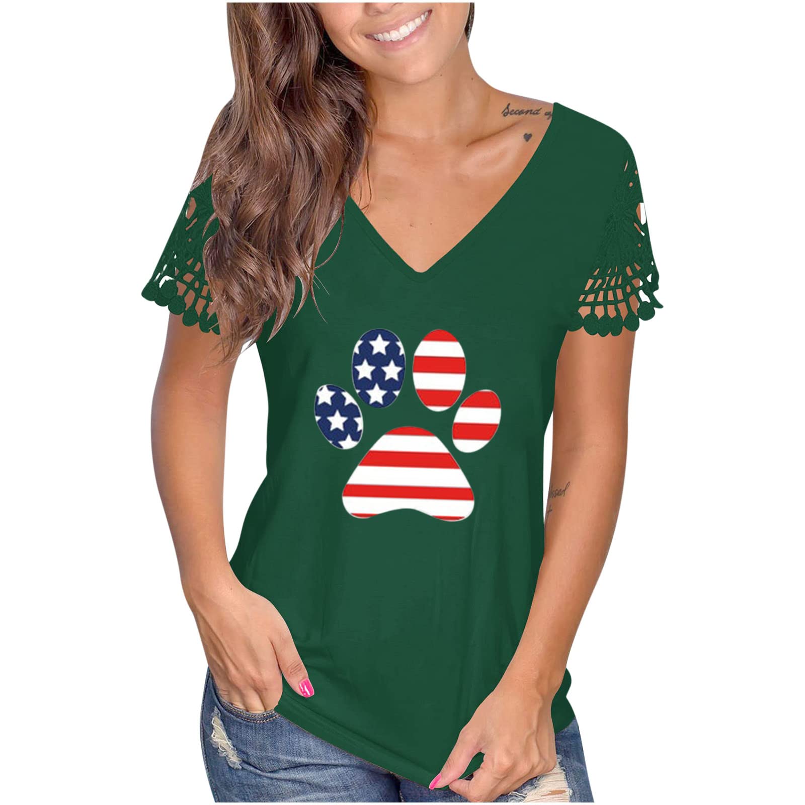 Lace Crochet Blouses for Women - V Neck Short Sleeve Patriotic T-Shirts with American Flag Design | Perfect for Independence Day, 4th of July Celebrations & Summer Casual Wear