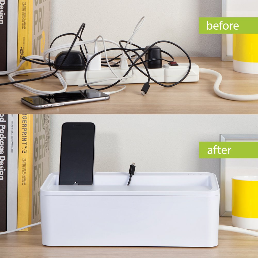 In-Box Desktop Mobile Charging Station & Power Strip Organizing Box - White | Multi-Device Charging Hub for Home, Office & Travel | Cord Management Solution for Phones, Tablets & Laptops